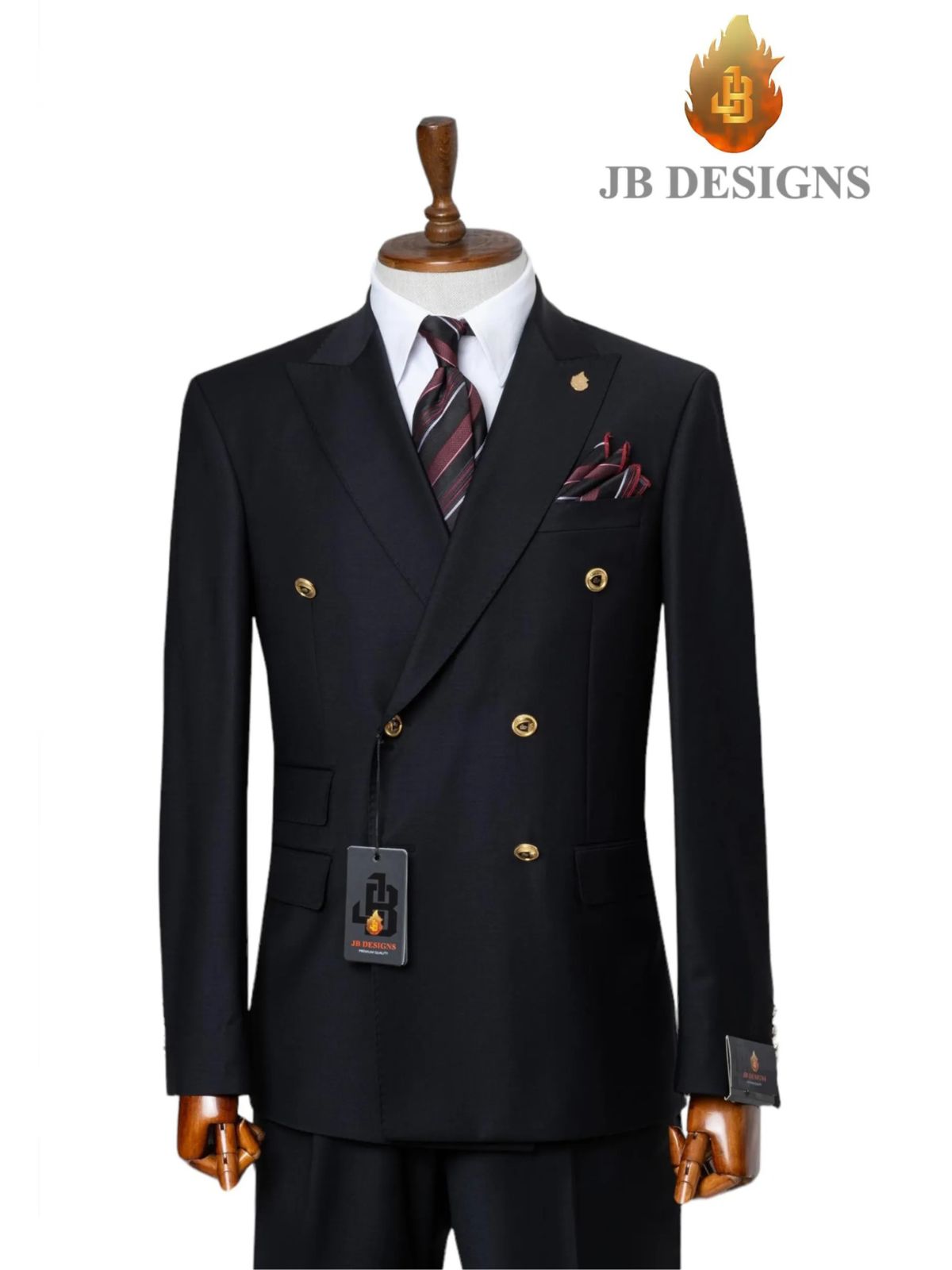 A JB 100% Wool Black Double Breasted Gold Buttons Suit