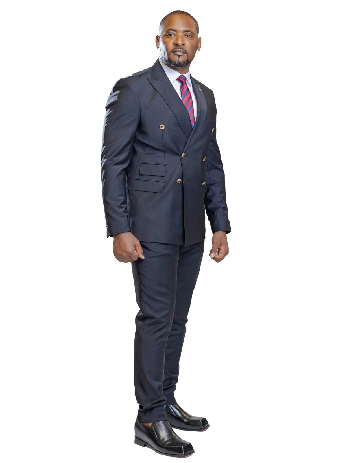 A JB 100% Wool Black Double Breasted Gold Buttons Suit