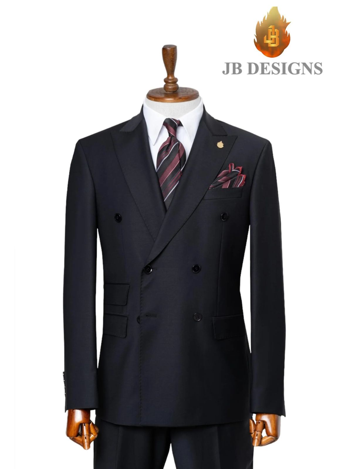 A JB 100% Wool Black Doubled Breasted Black Buttons Suit
