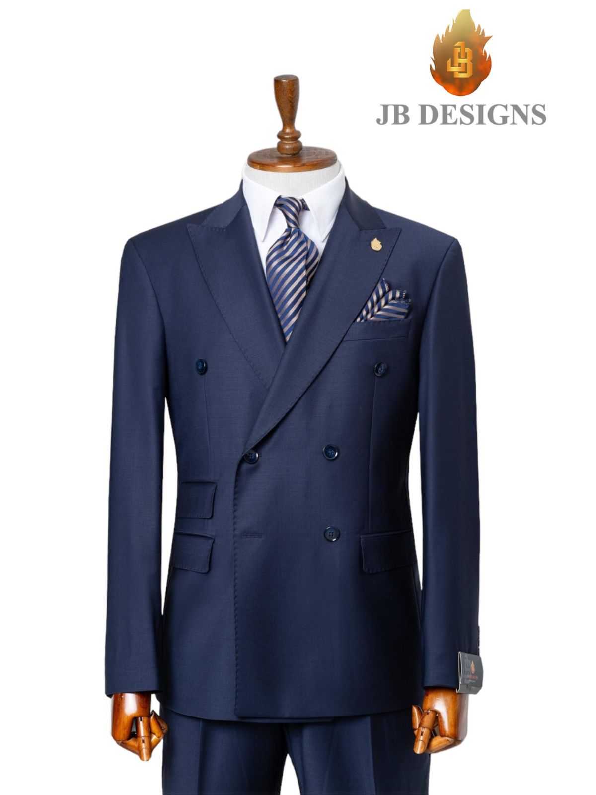 A JB 100% Wool Blue Double Breasted Blue Buttons Suit