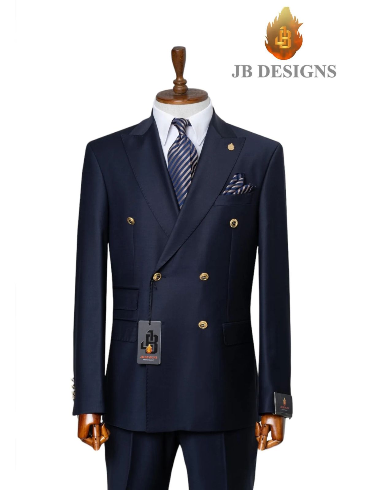 A JB 100% Wool Blue Double Breasted Gold Buttons Suit