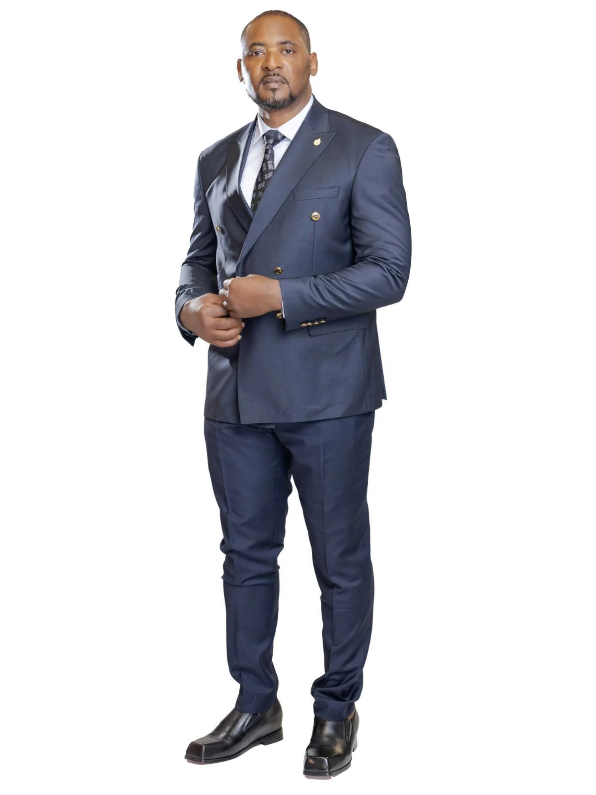 A JB 100% Wool Blue Double Breasted Gold Buttons Suit