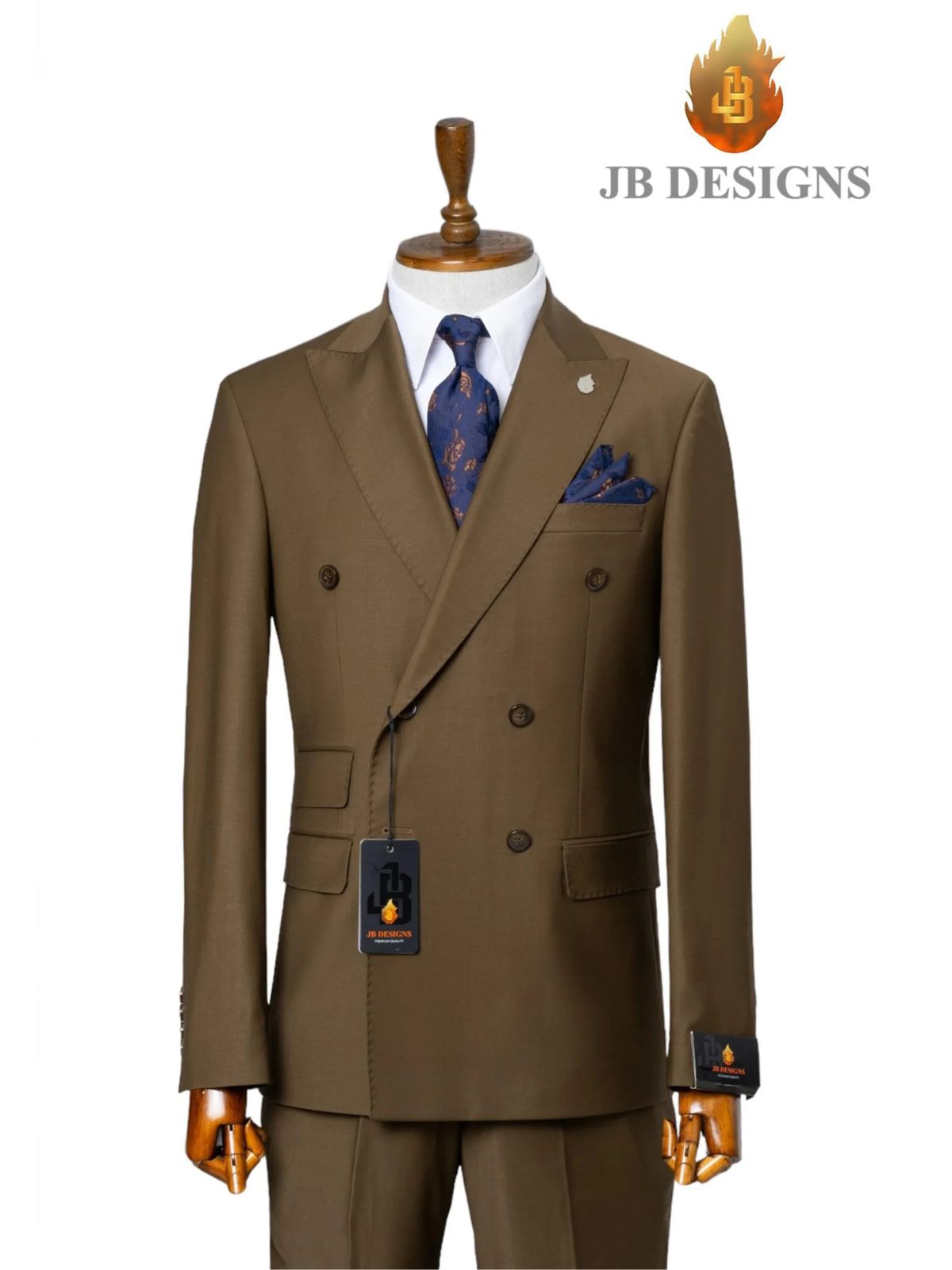 A JB 100% Wool Brown Double breasted Brown Buttons Suit