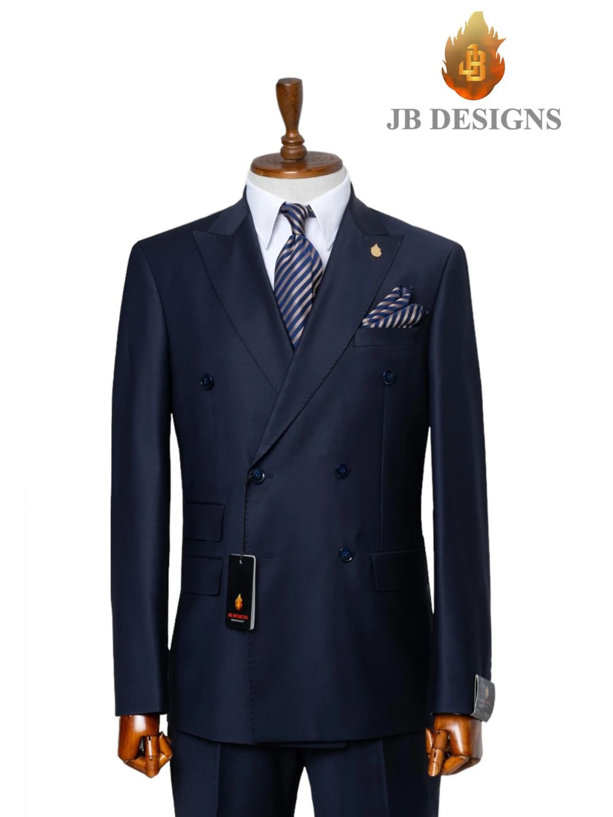 A JB 100% Wool Dark Blue Double Breasted Blue Buttons Suit