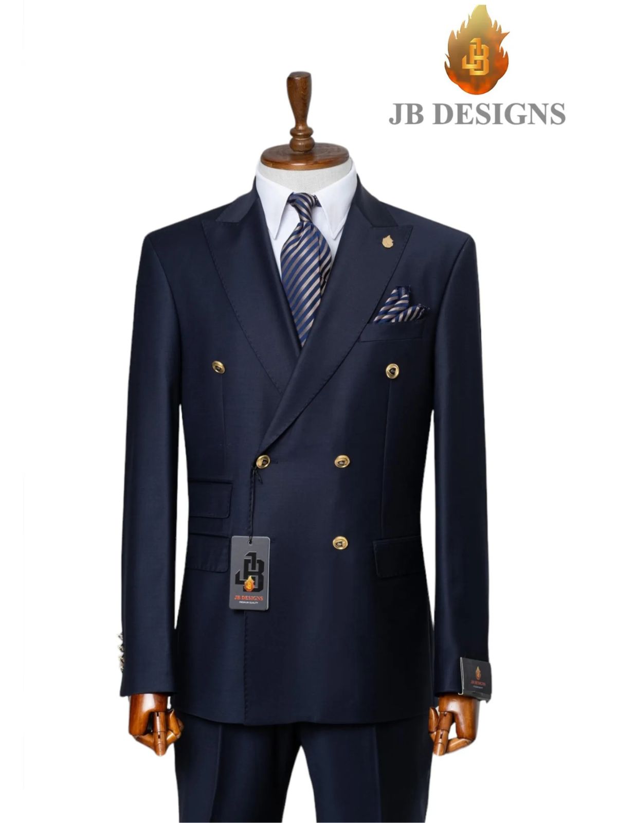 A JB 100% Wool Dark Blue Double Breasted Gold Buttons Suit
