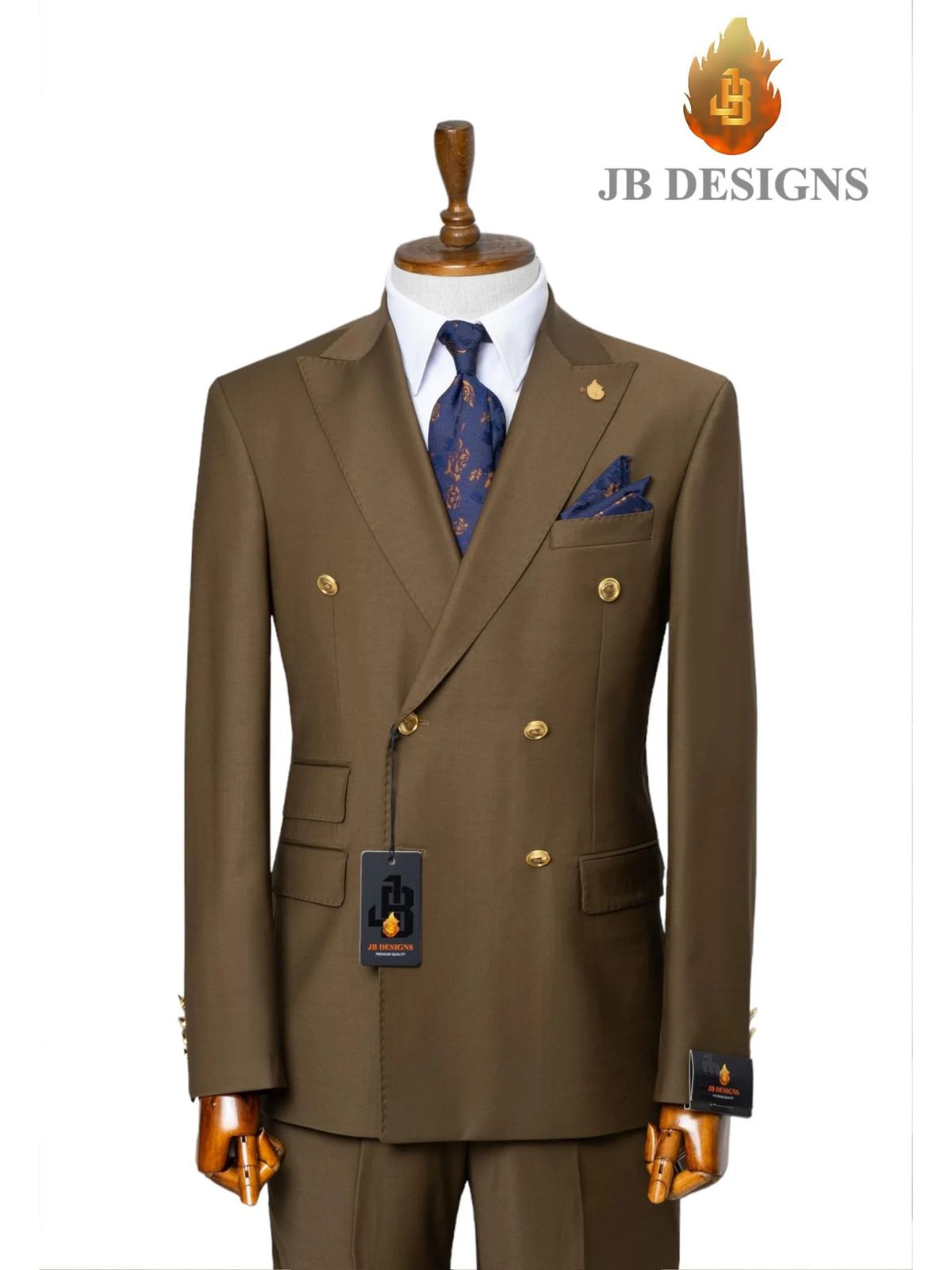 A JB 100% Wool Dark Brown Double Breasted Gold Buttons Suit