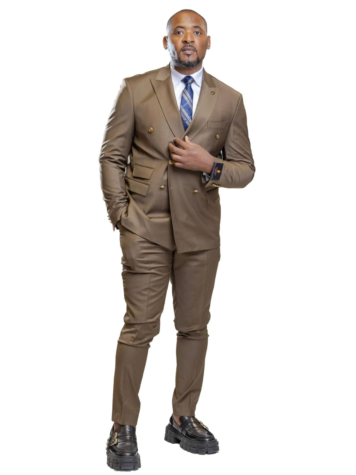 A JB 100% Wool Dark Brown Double Breasted Gold Buttons Suit