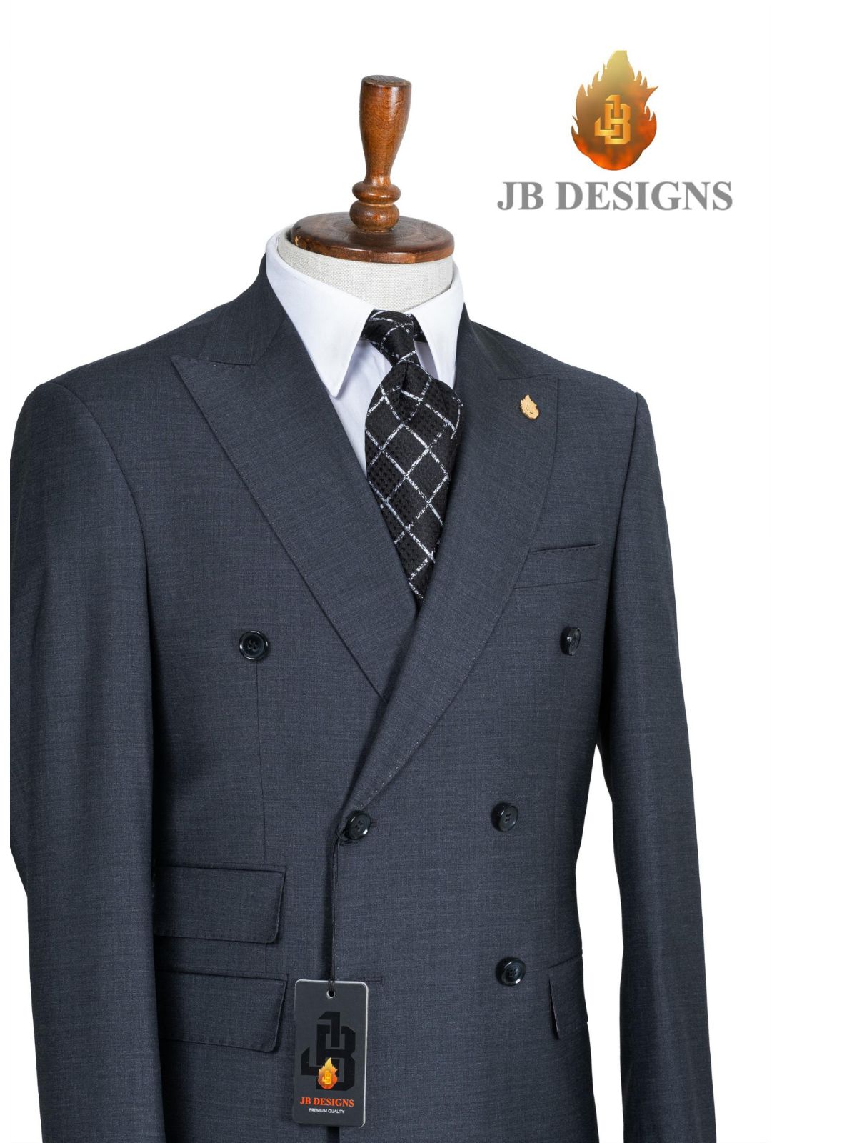 A JB 100% Wool Grey Double Breasted Black Buttons Suit