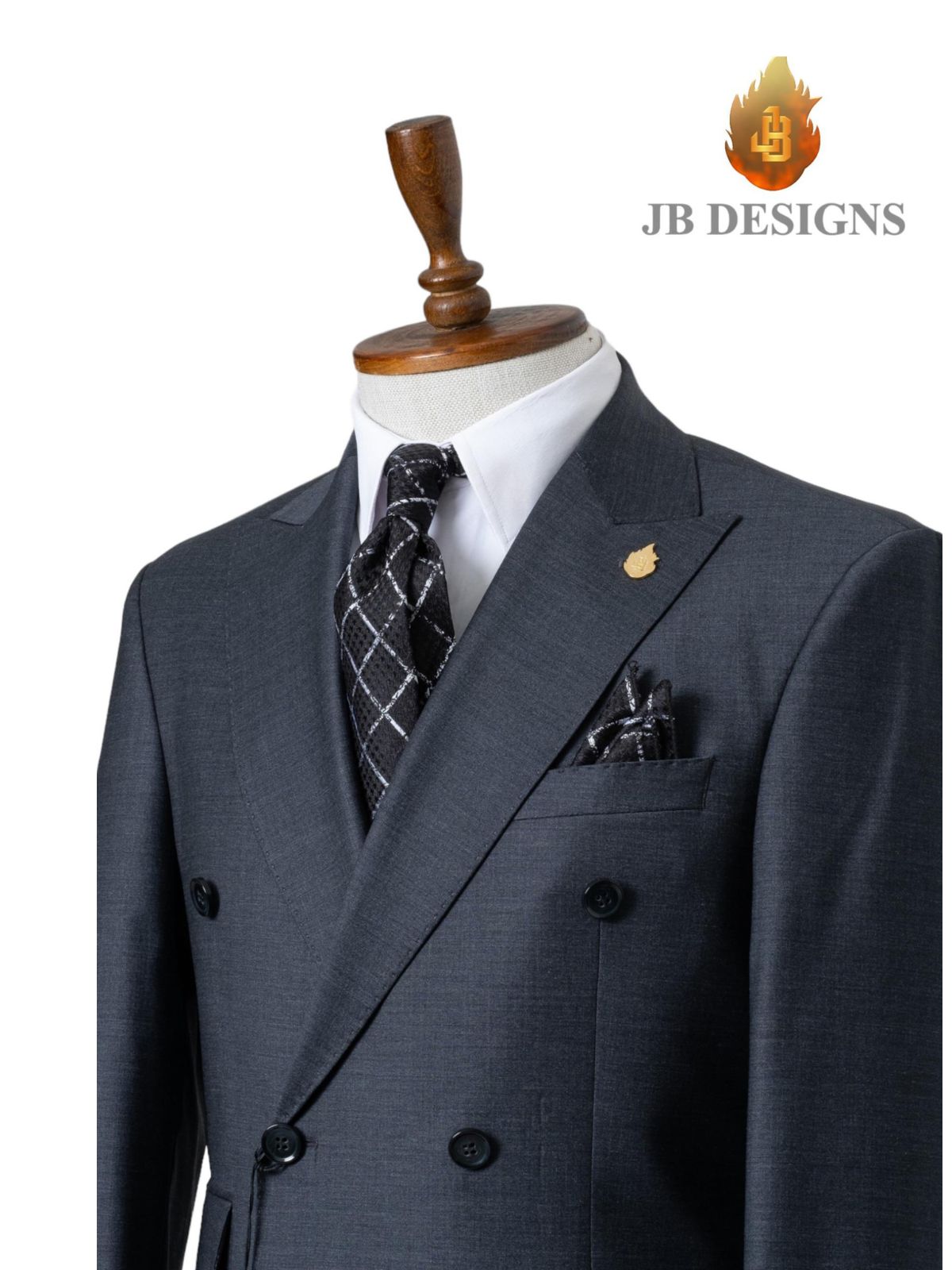 A JB 100% Wool Grey Double Breasted Black Buttons Suit