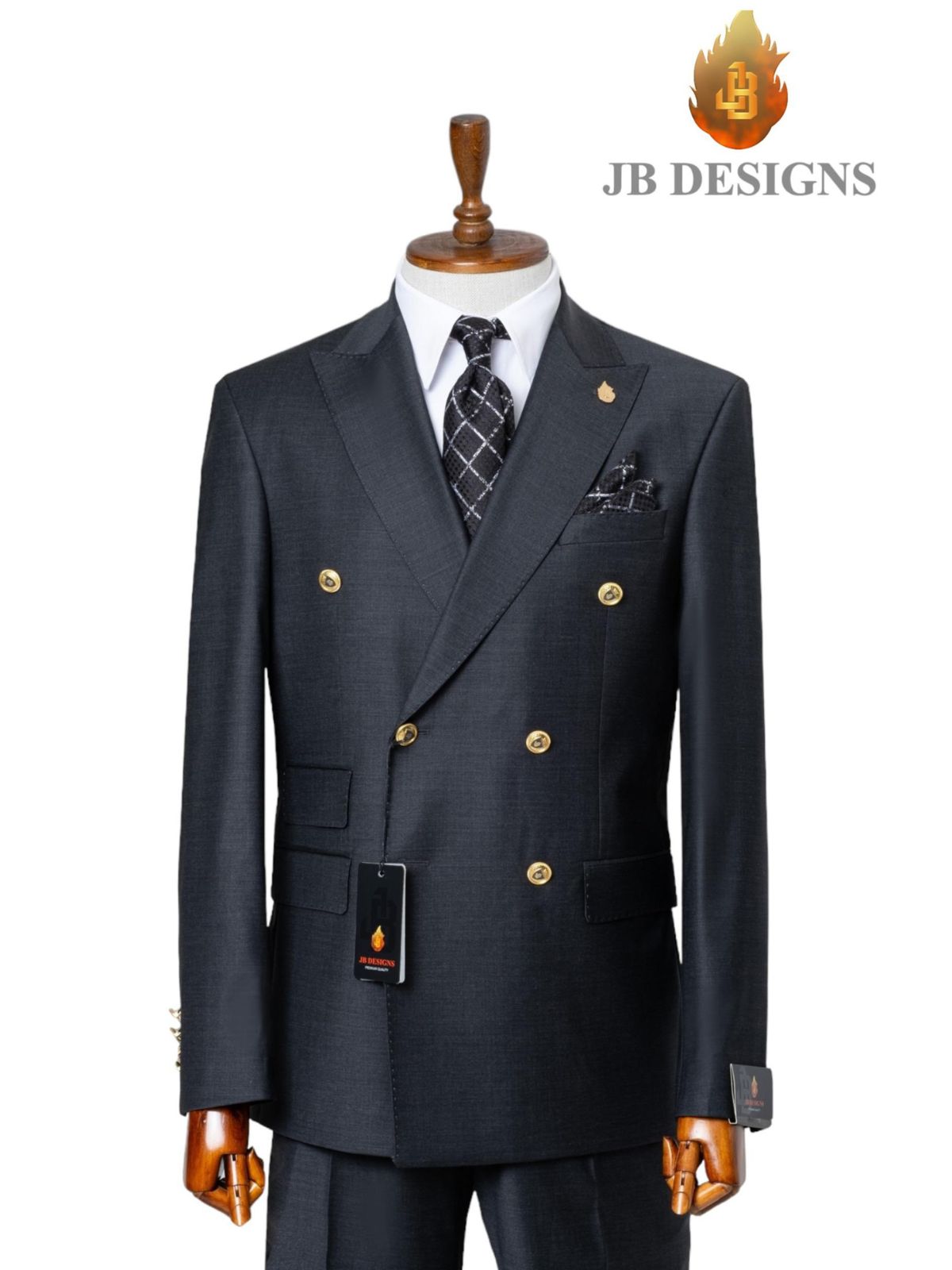 A JB 100% Wool Grey Double Breasted Gold Buttons Suit