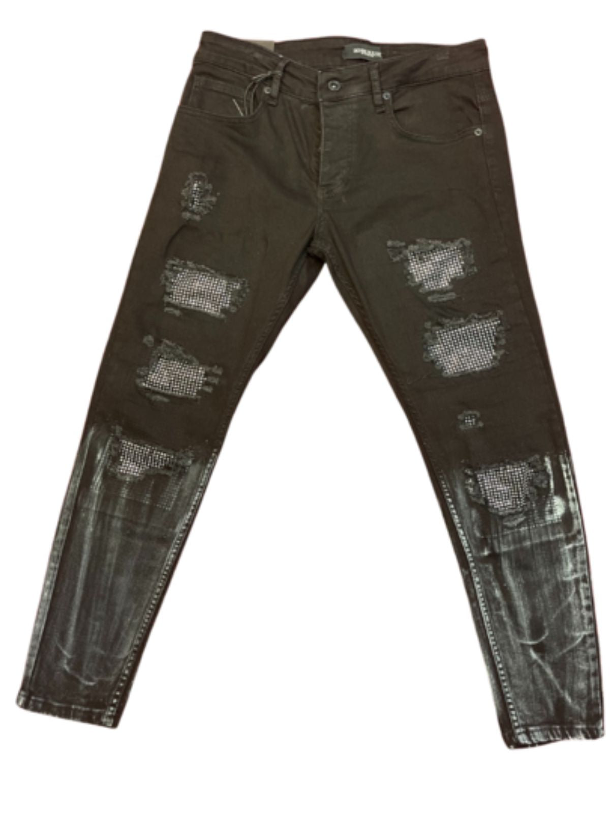 Black Acid Washed Bling Ripped Skinny Jeans