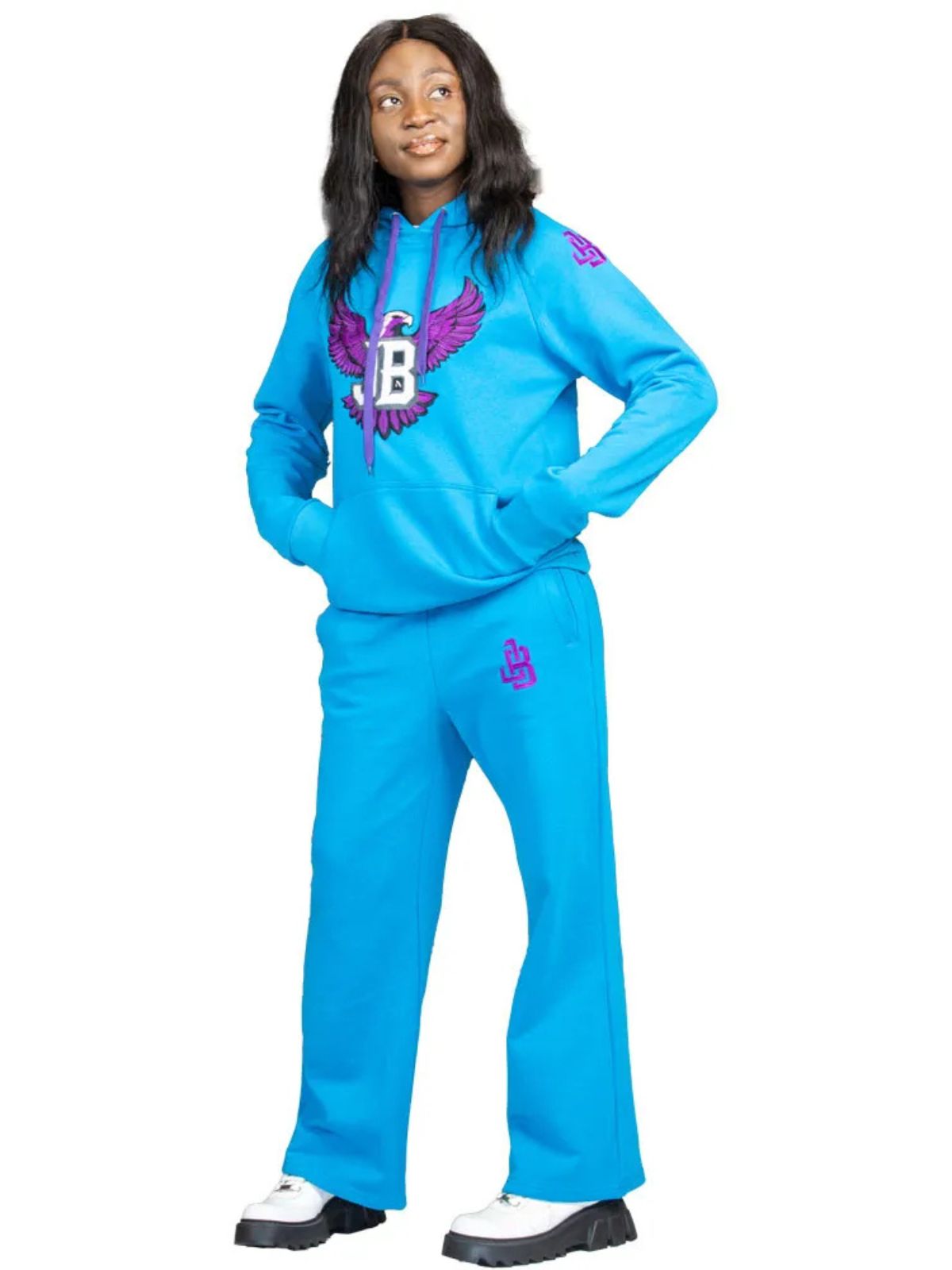 Blue Velvet Stylish Unisex Cotton Tracksuit with Purple Eagle Graphic