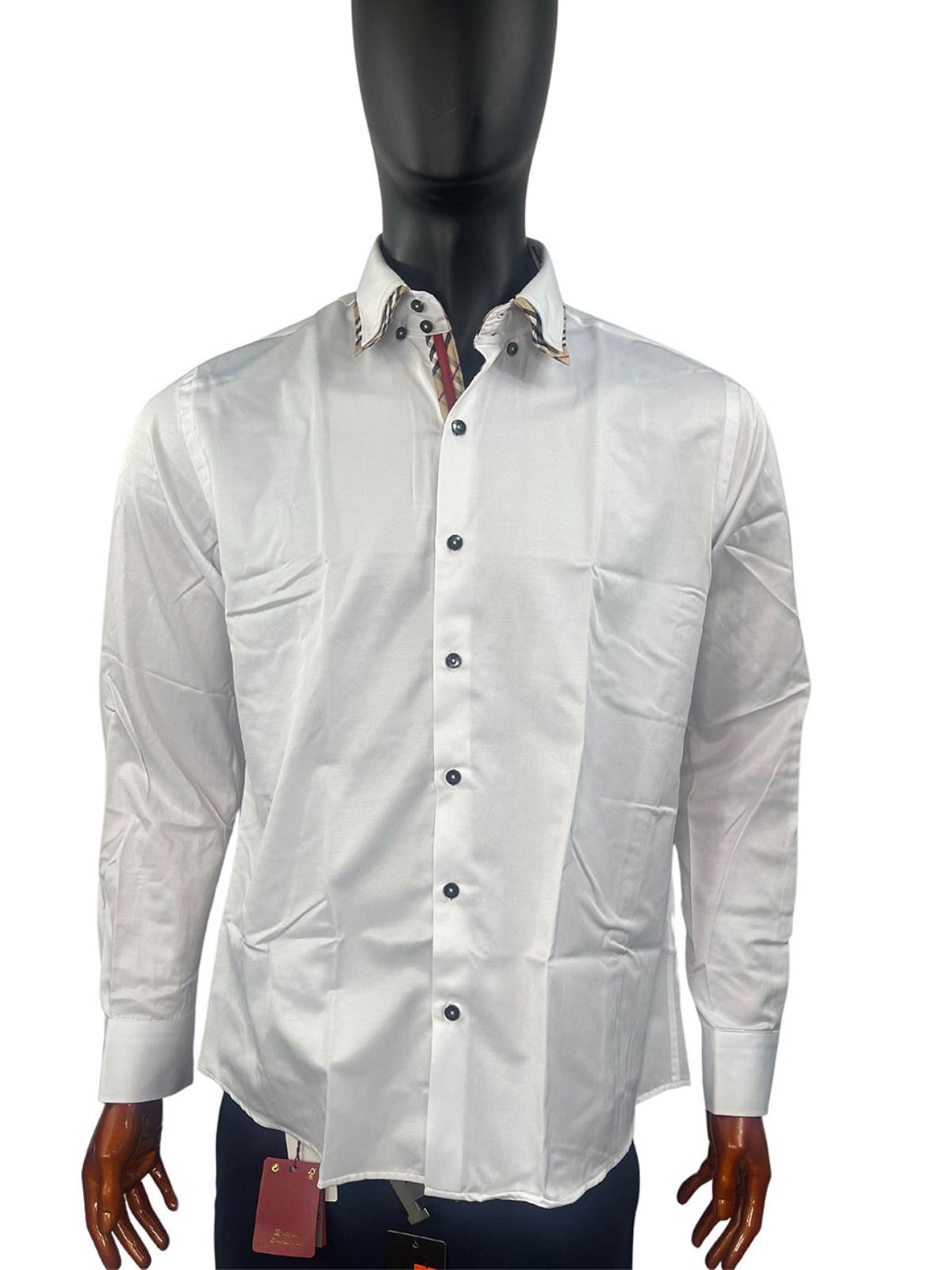 Brown Checked Patterned Neckline White Shirt
