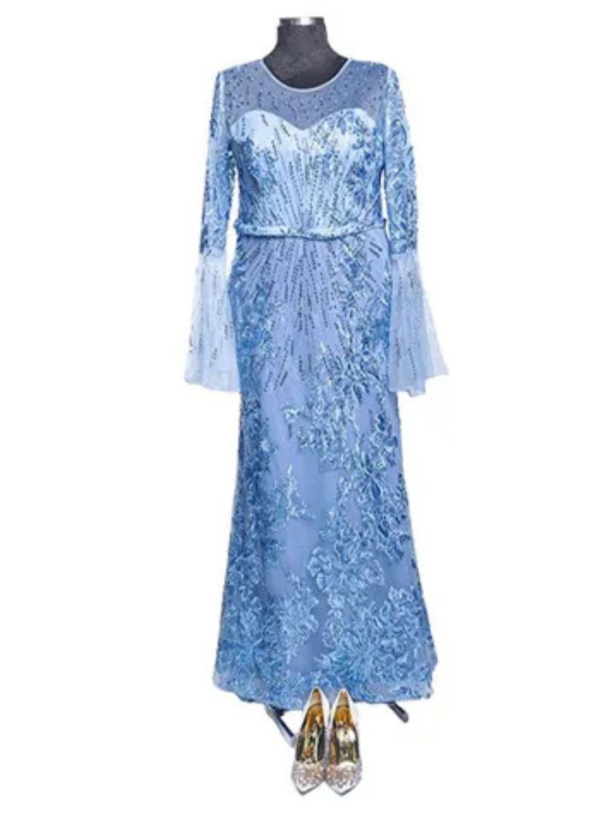 Flowery Design Beads Embellished Long Sleeve Party Anniversary Dress