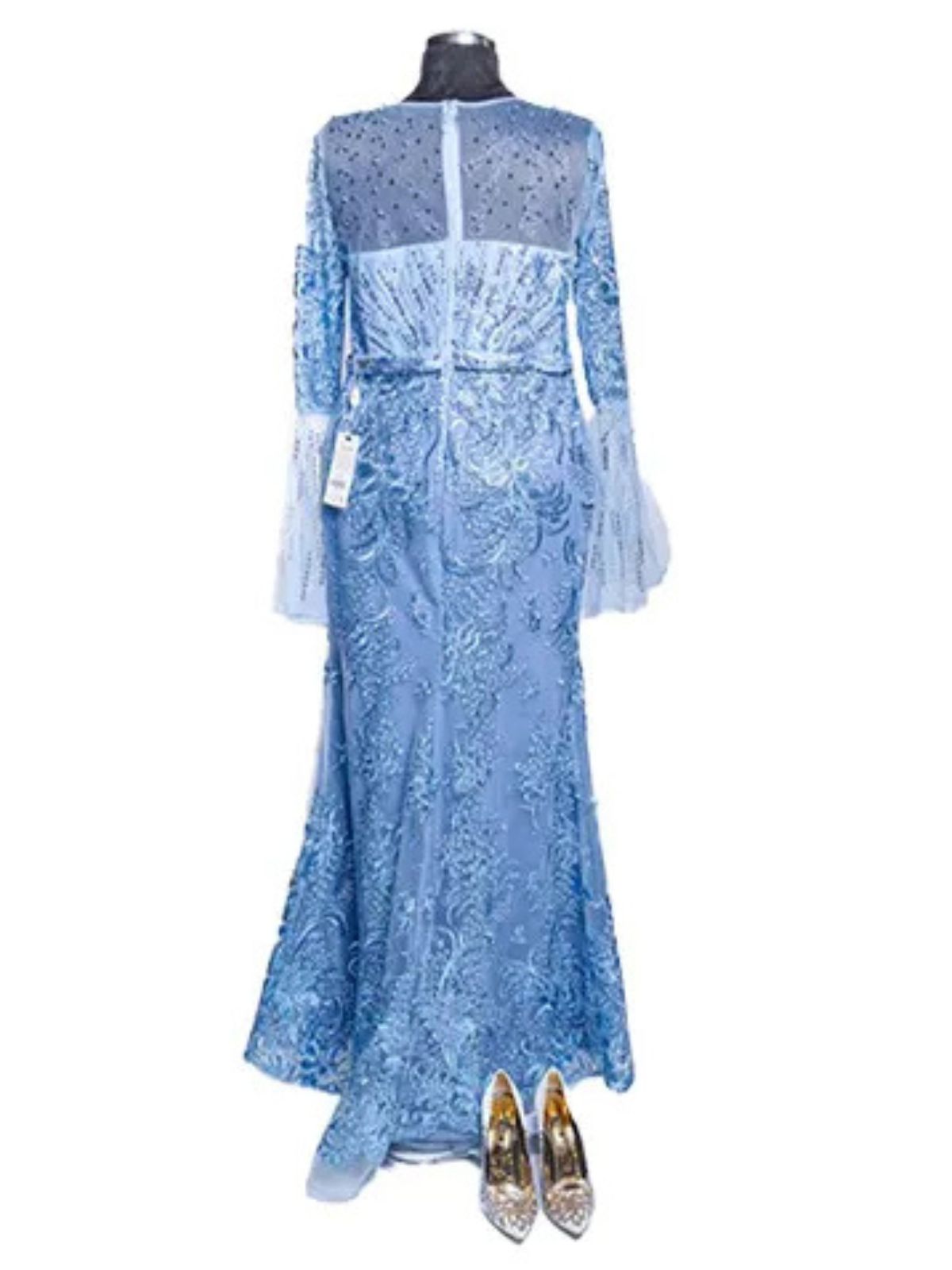 Flowery Design Beads Embellished Long Sleeve Party Anniversary Dress