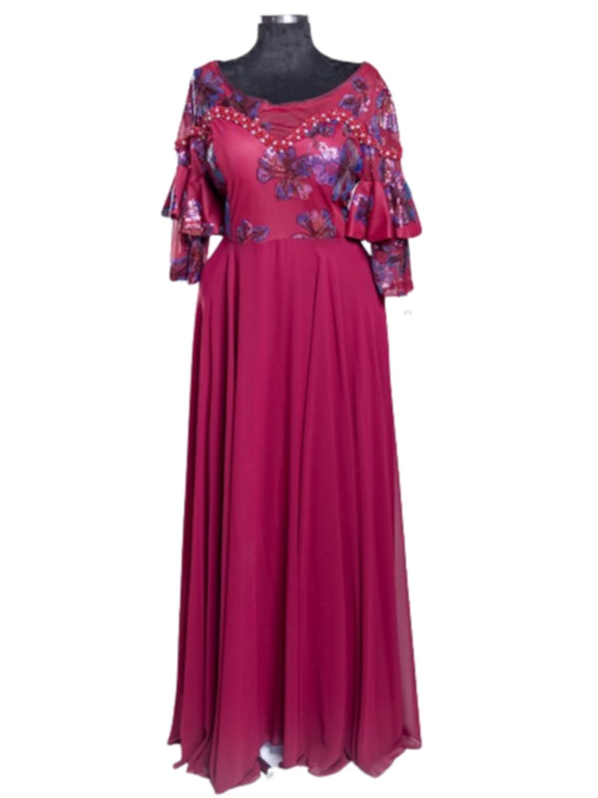 Flowing Gown Peplum Elbow Sleeve Length Dress