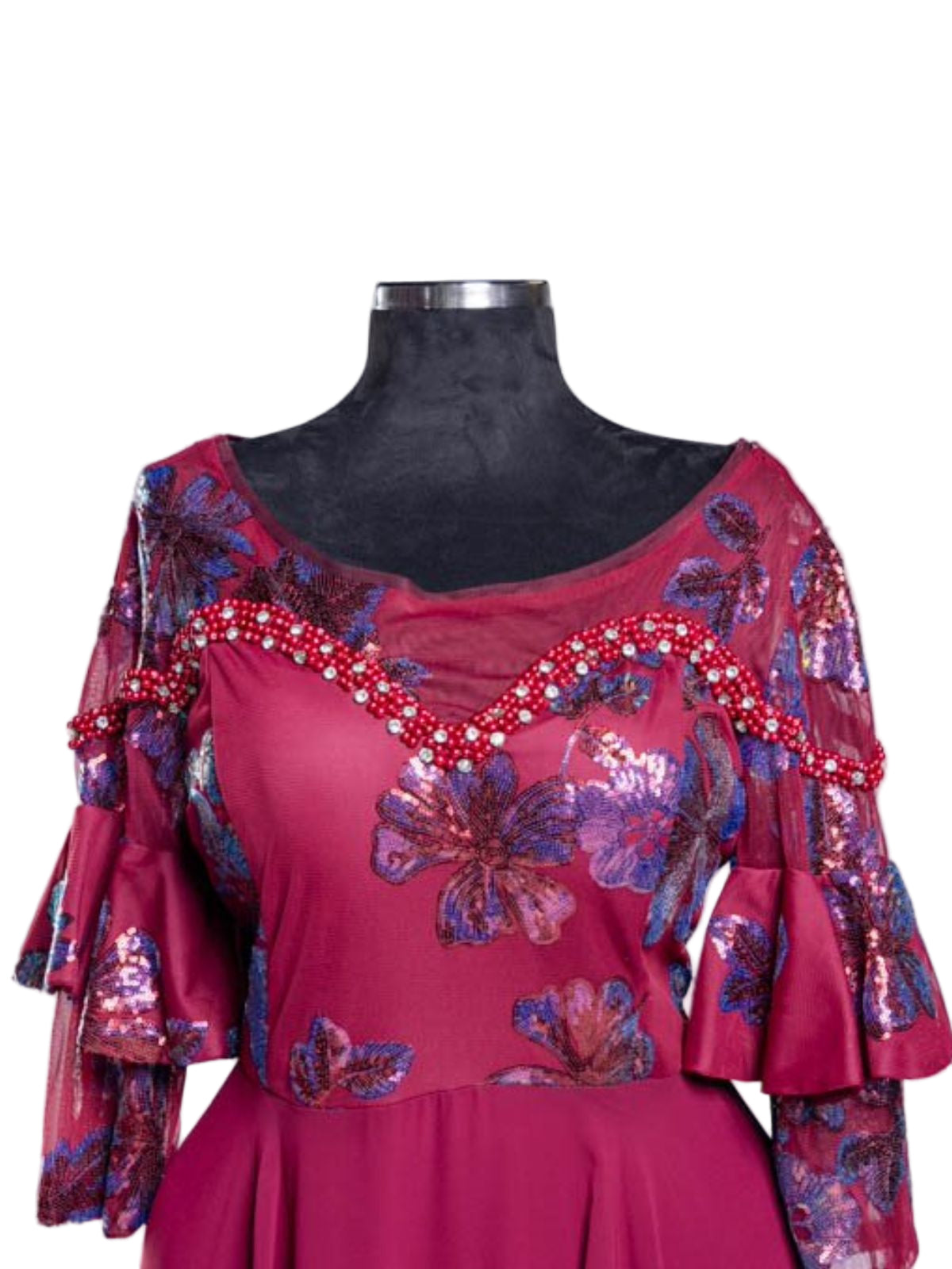 Flowing Gown Peplum Elbow Sleeve Length Dress