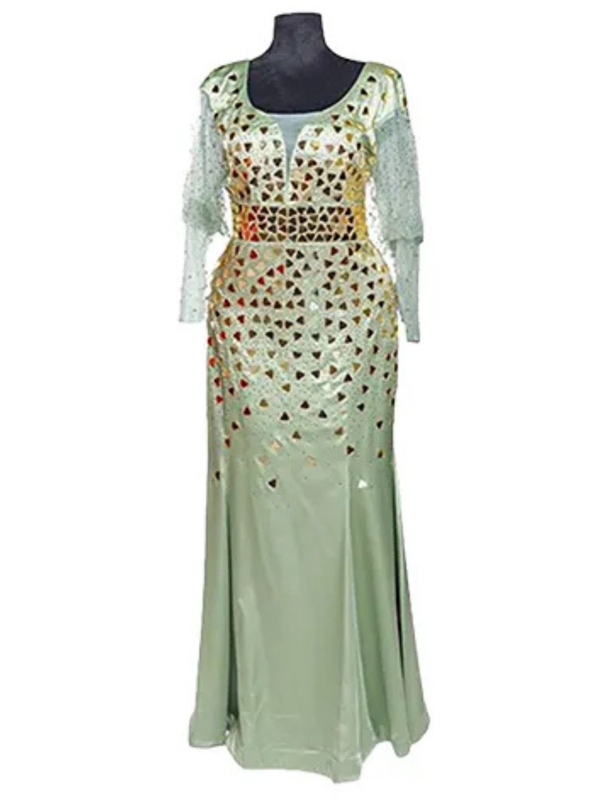 Glass Stoned Long Sleeve Mint Green Party Prom Dress