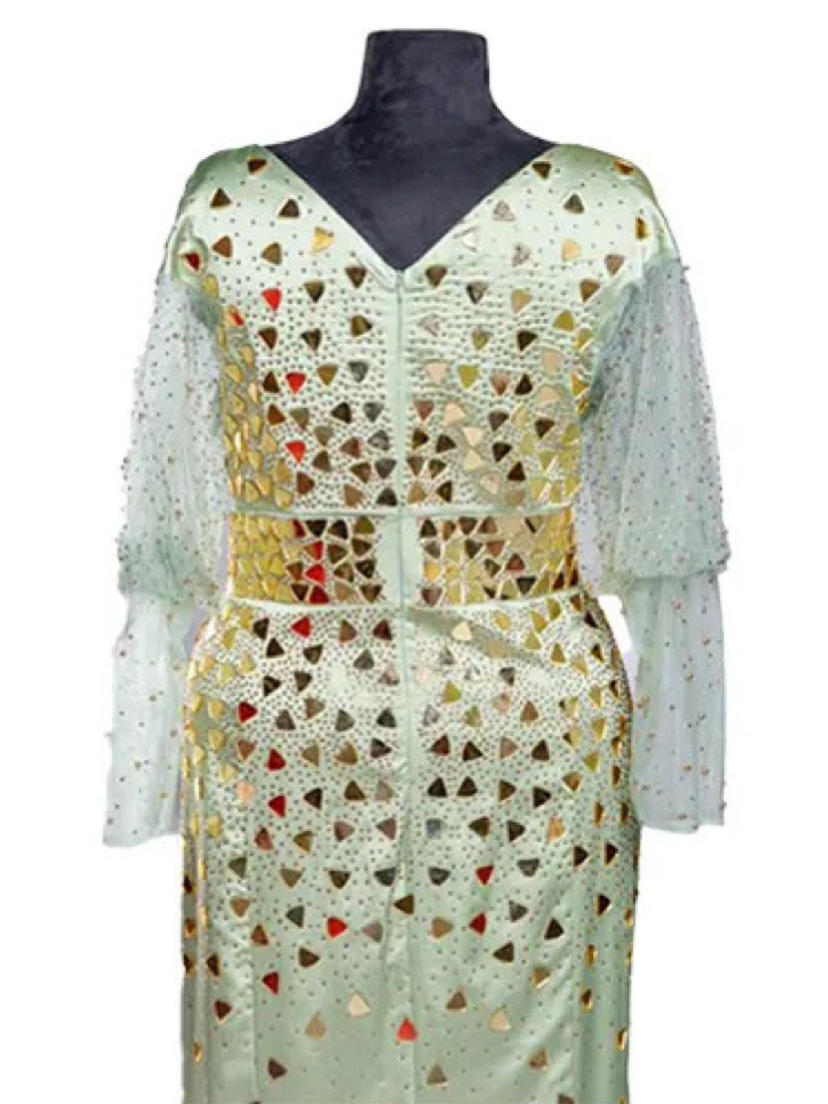 Glass Stoned Long Sleeve Mint Green Party Prom Dress