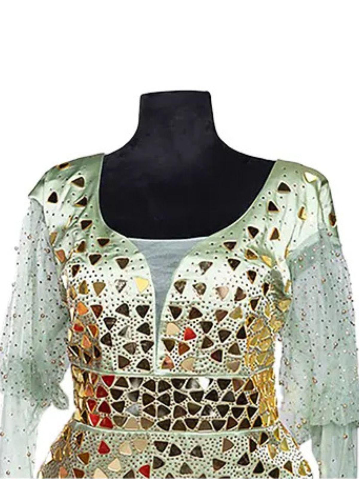 Glass Stoned Long Sleeve Mint Green Party Prom Dress