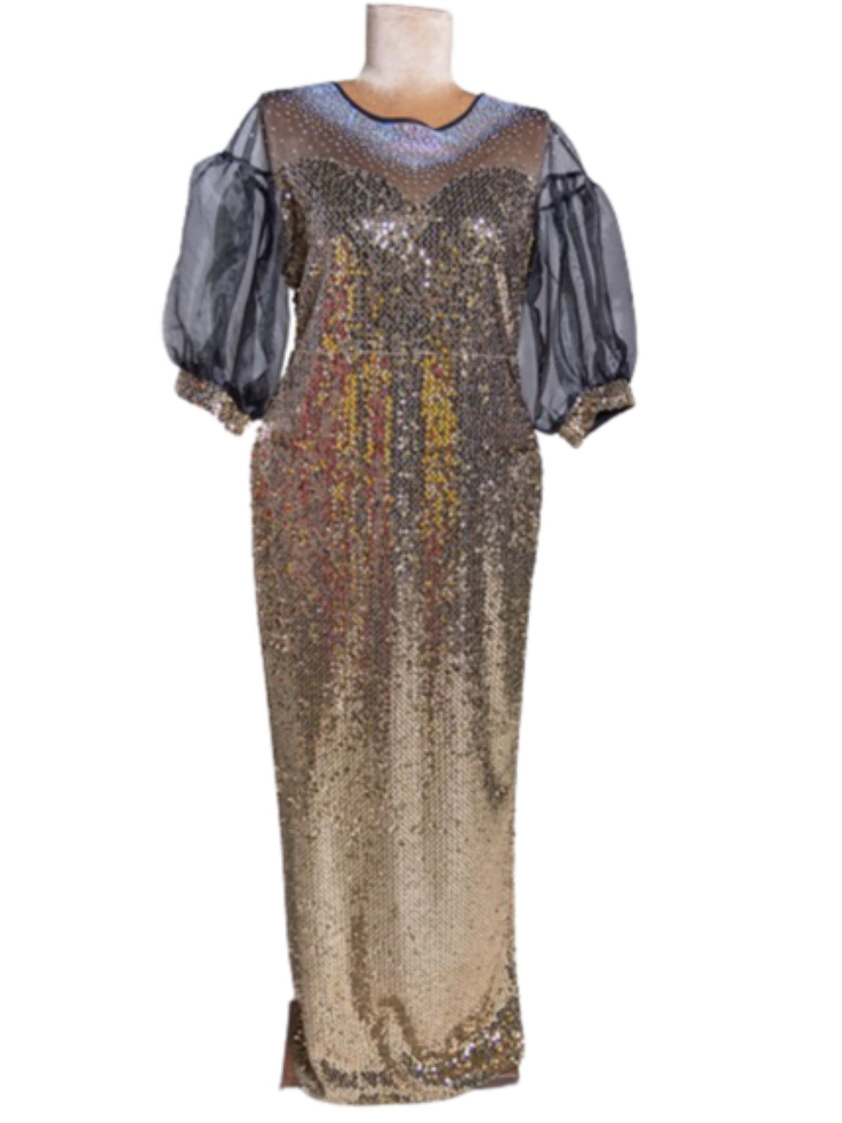 Gold Sequin Floor Length Dress with See Through Puffy Sleeves