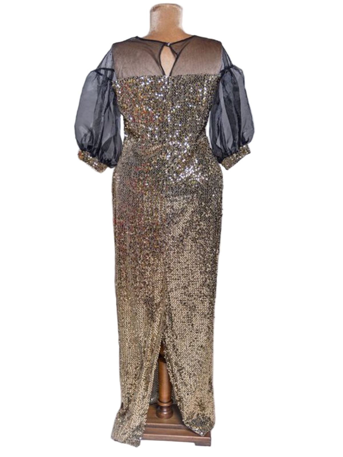 Gold Sequin Floor Length Dress with See Through Puffy Sleeves