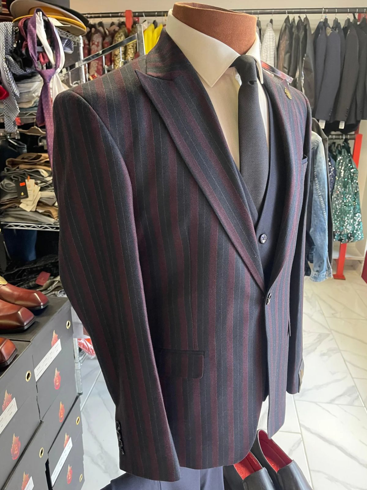JB Dark Blue & Burgundy Striped Plaid Suit Set