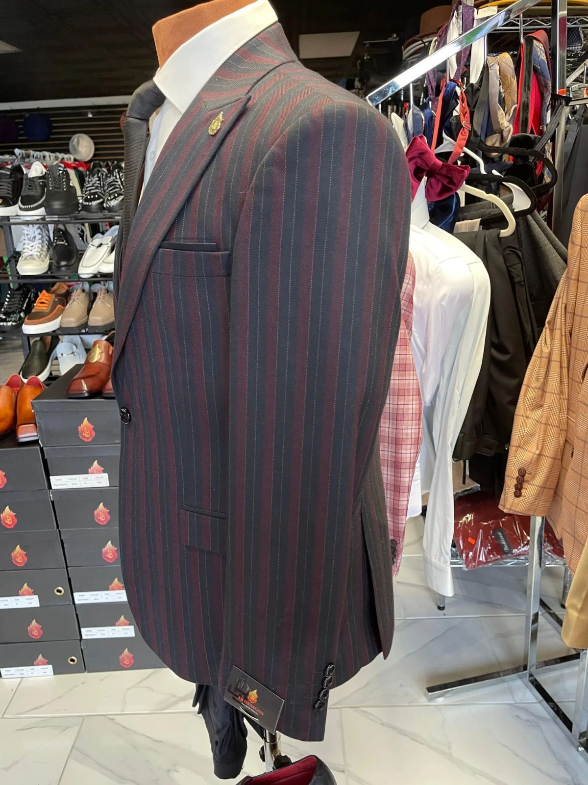 JB Dark Blue & Burgundy Striped Plaid Suit Set