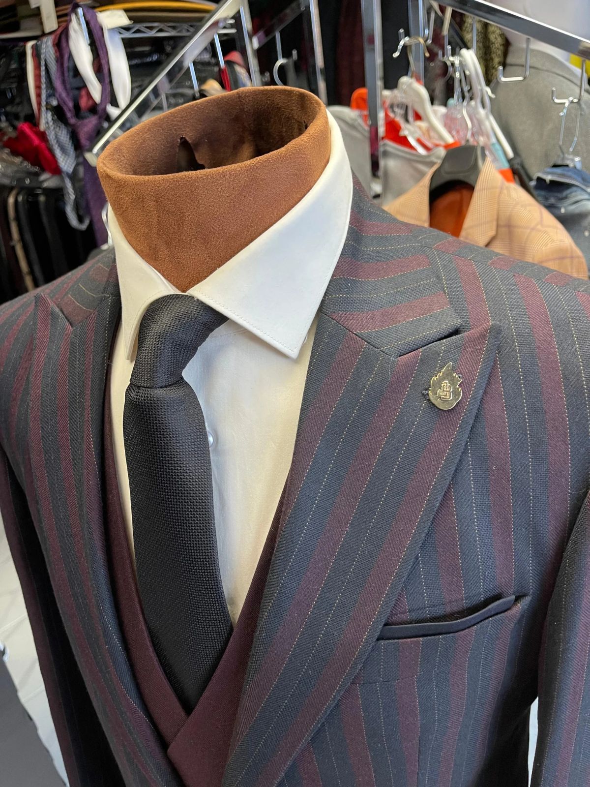 JB Dark Blue & Burgundy Striped Plaid Suit Set