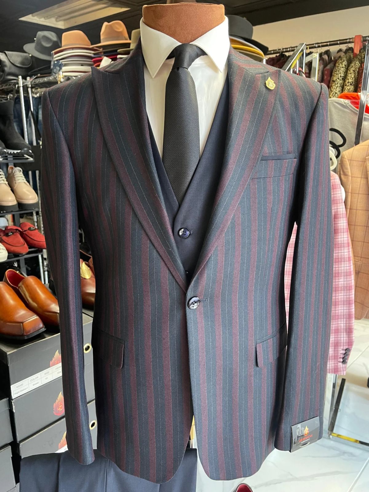 JB Dark Blue & Burgundy Striped Plaid Suit Set