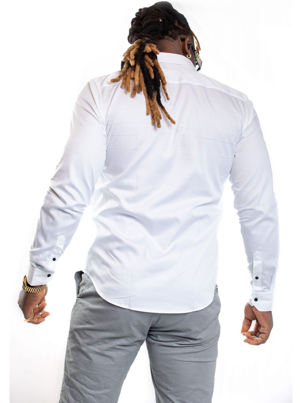 JB Design Bright White Long Sleeve Cotton Shirt with Black Buttons