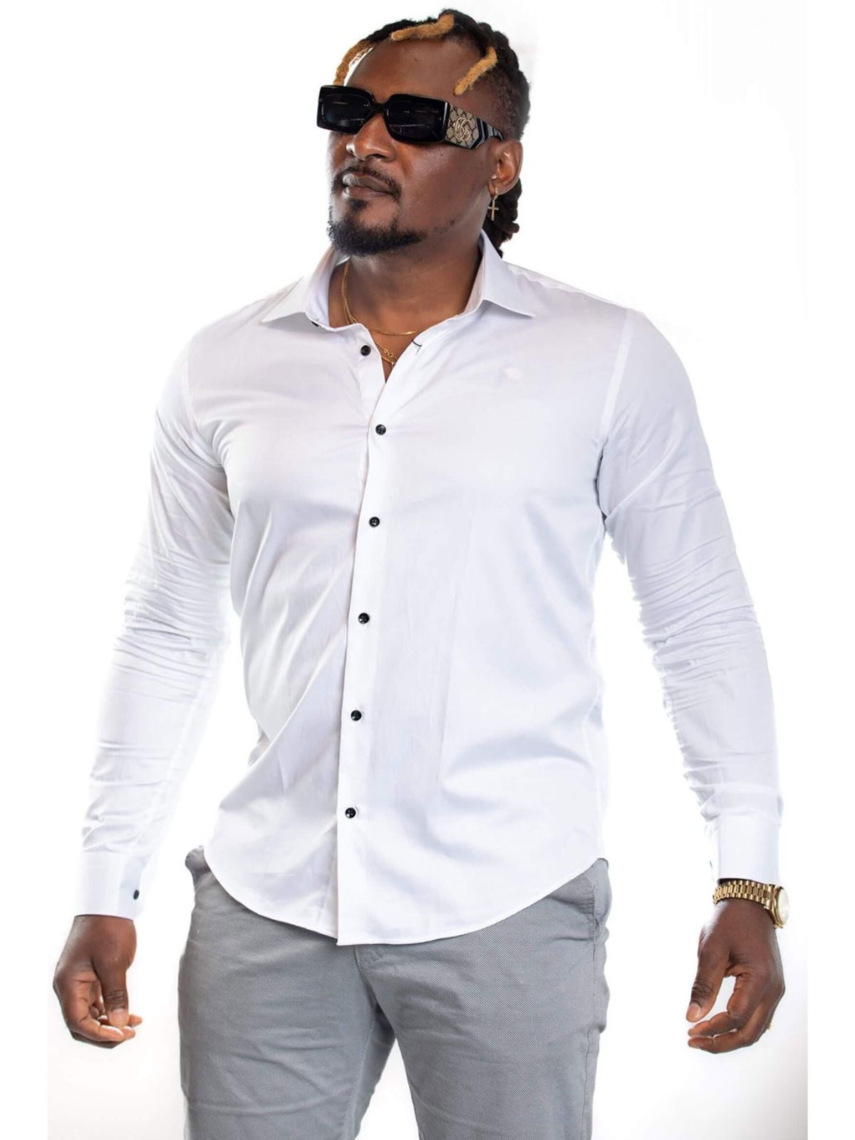 JB Design Bright White Long Sleeve Cotton Shirt with Black Buttons