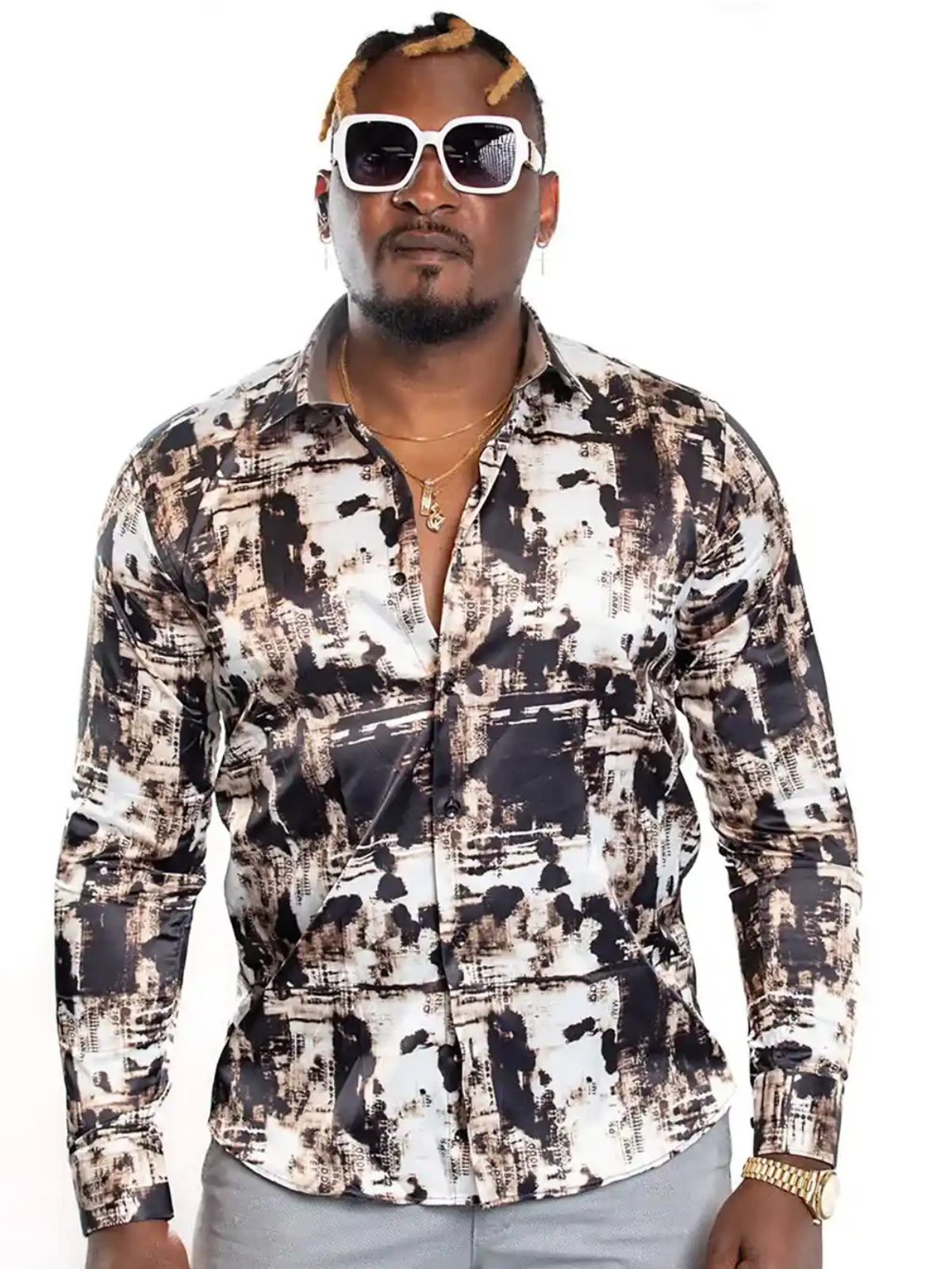 JB Designs Black And Brown Tie-Die Patterned Silk Shirt