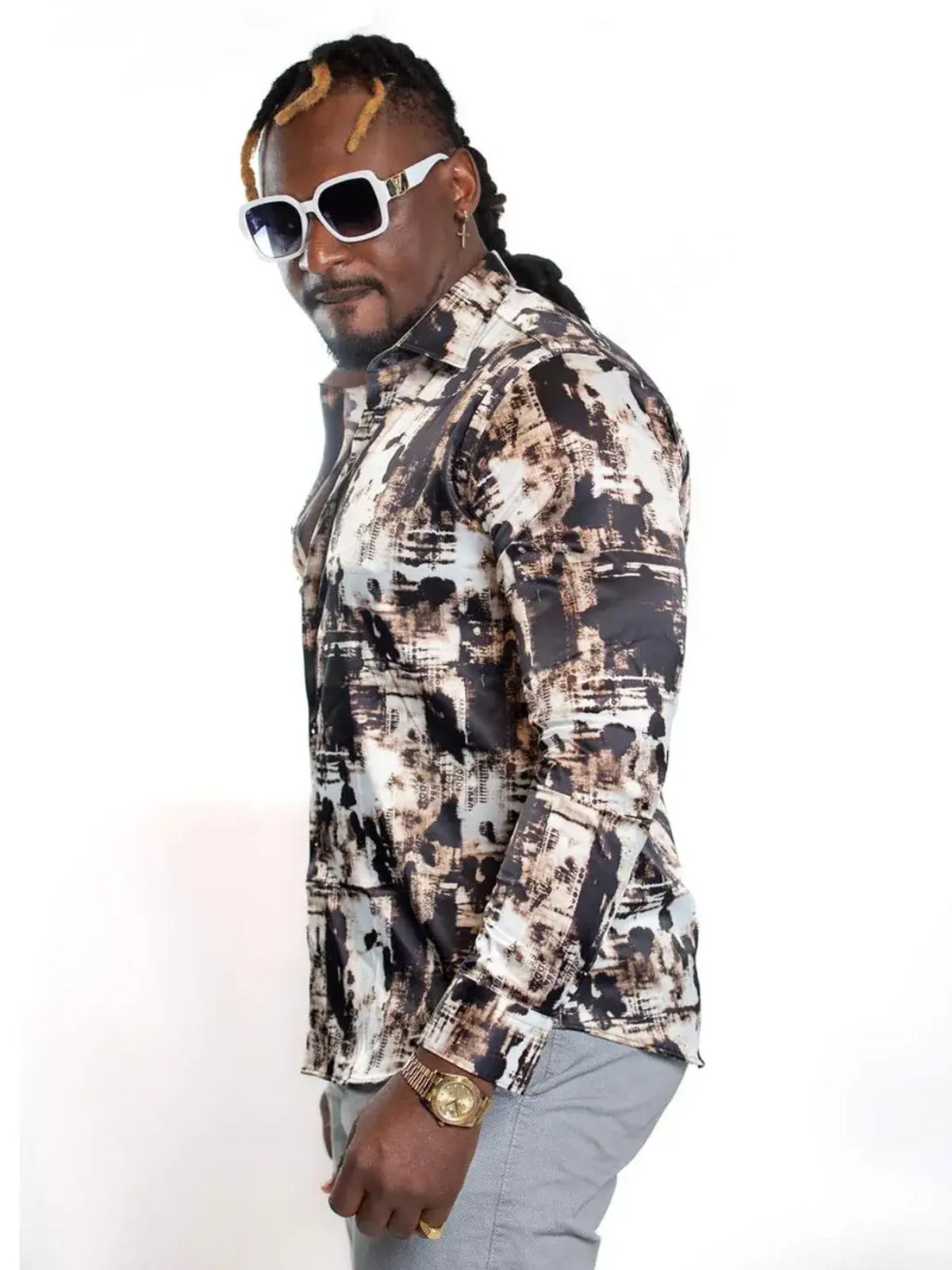 JB Designs Black And Brown Tie-Die Patterned Silk Shirt