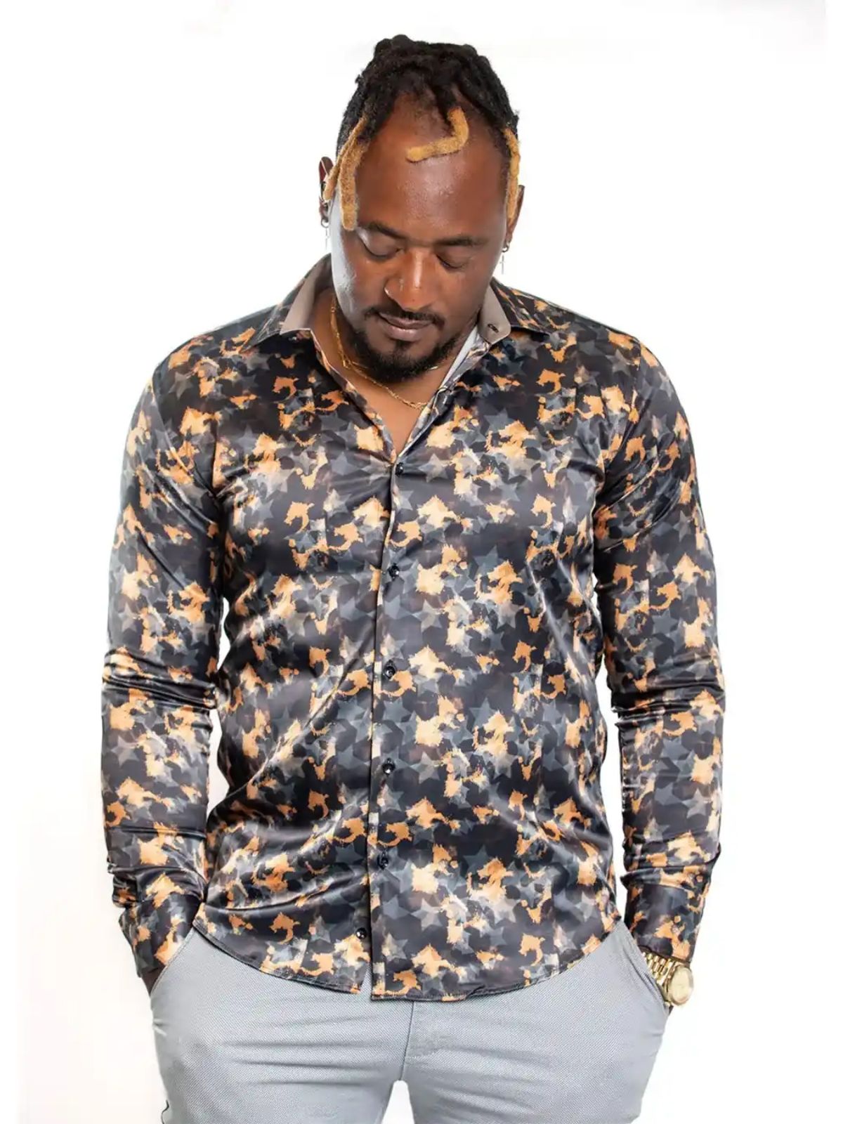 JB Designs Black And Orange Stardust Silk Shirt