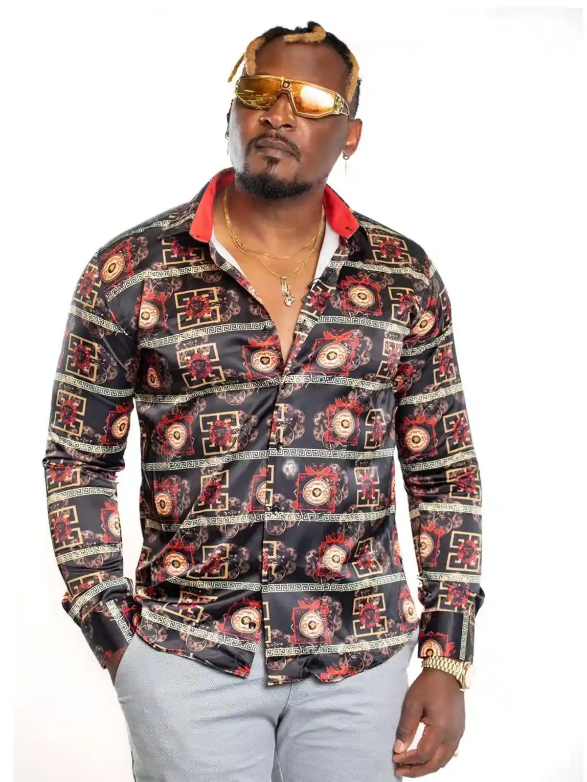 JB Designs Black and Red Chinoiseries Patterned Silk Shirt
