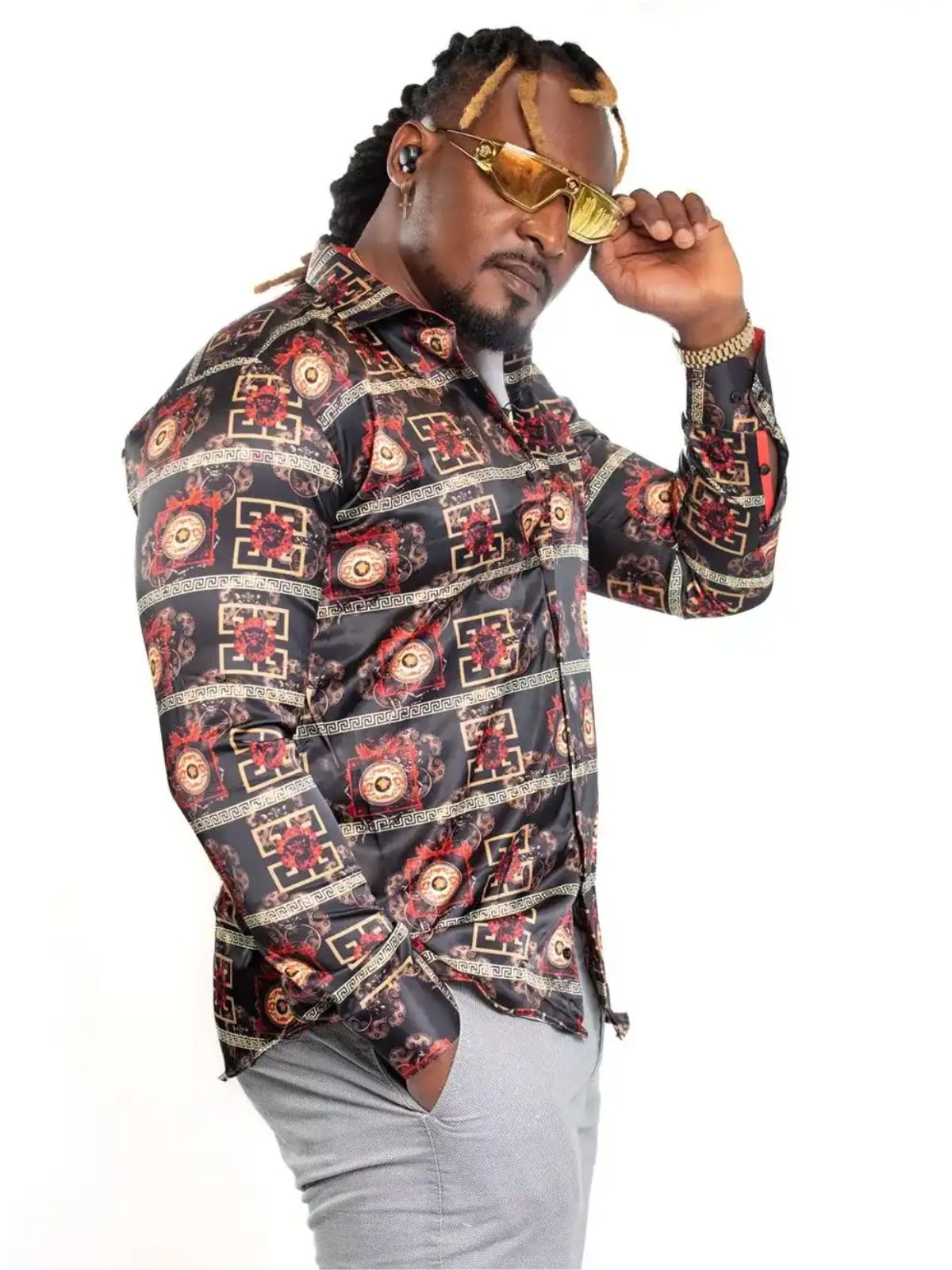 JB Designs Black and Red Chinoiseries Patterned Silk Shirt