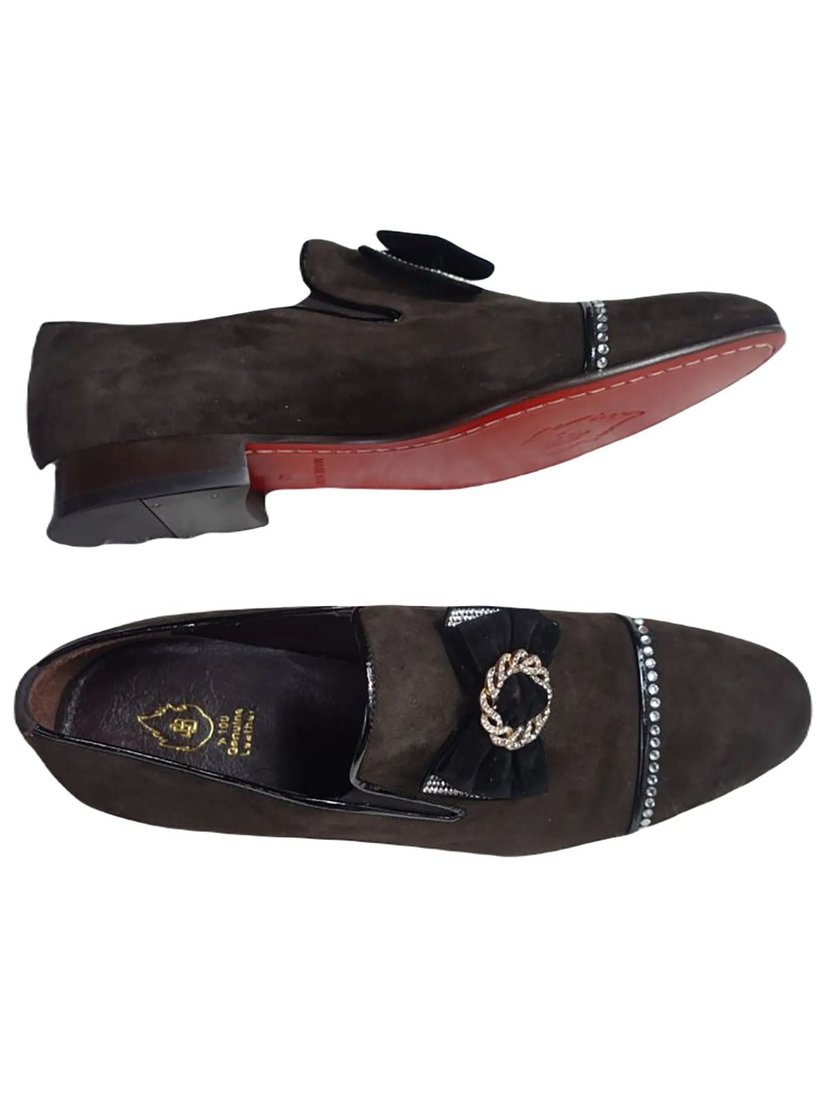 JB Designs Leather Suede Shoe with Black Bow and Gold Ring