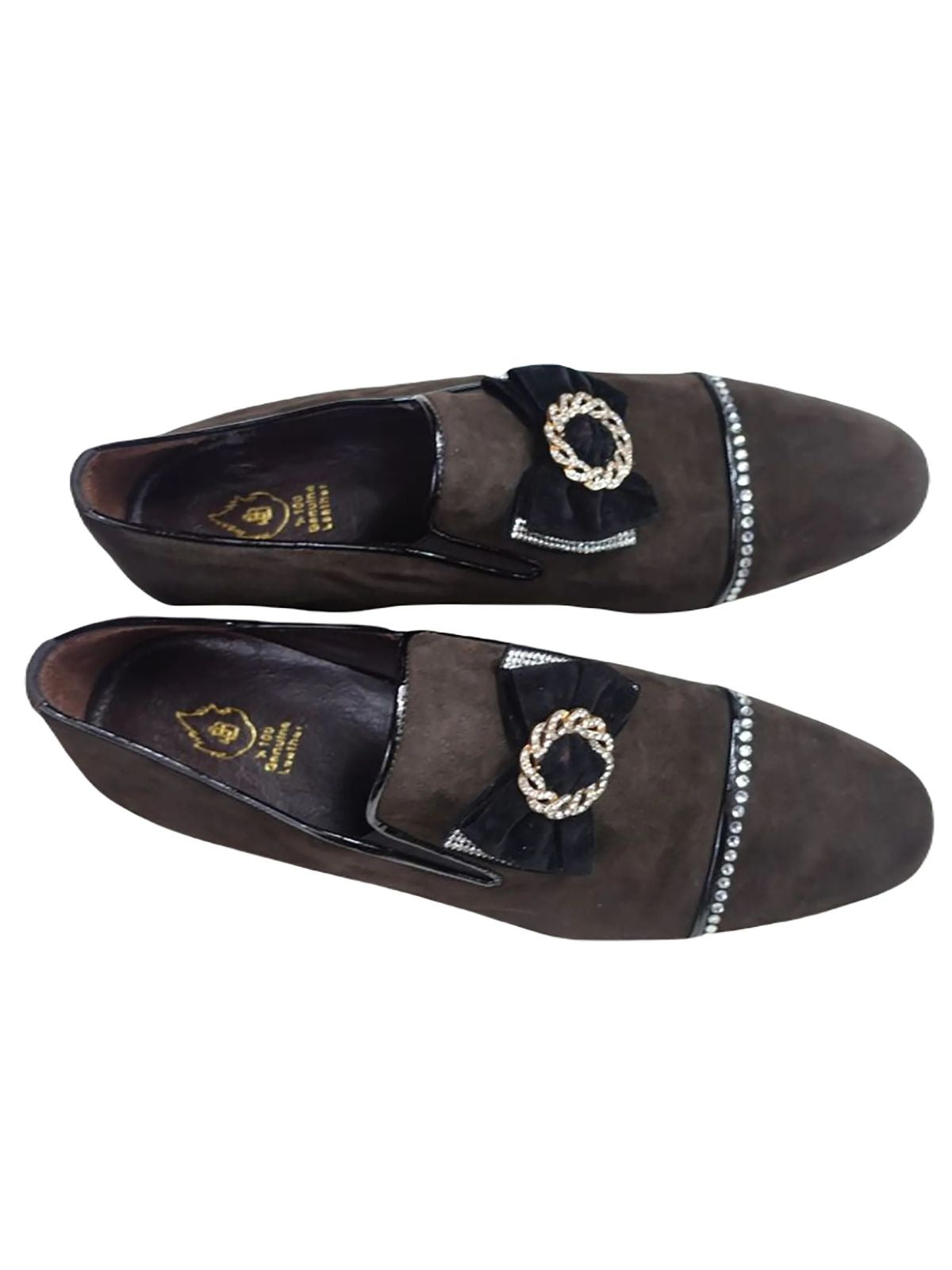 JB Designs Leather Suede Shoe with Black Bow and Gold Ring