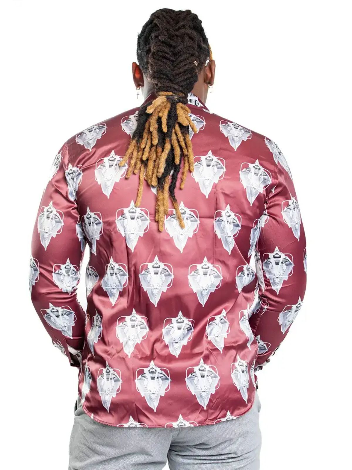 JB Designs Merlot Red Space Shuttle Patterned Silk Shirt