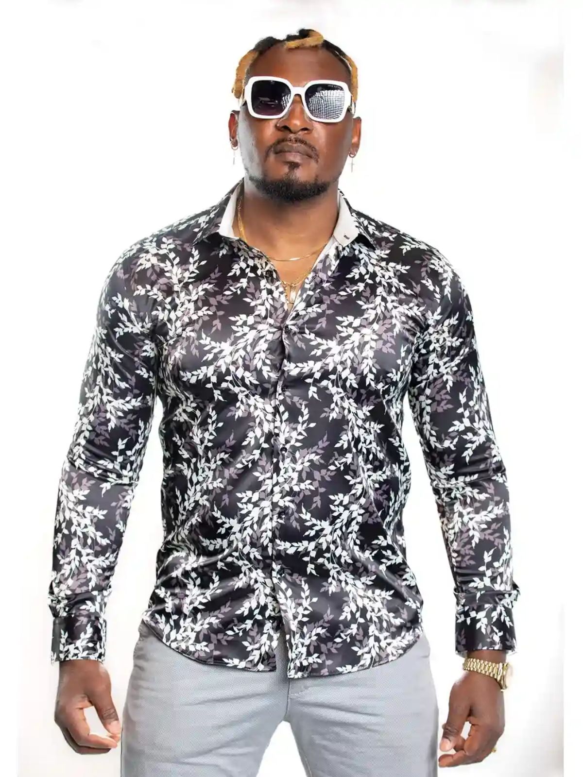 JB Designs White Acacia Leaf Patterned Silk Shirt