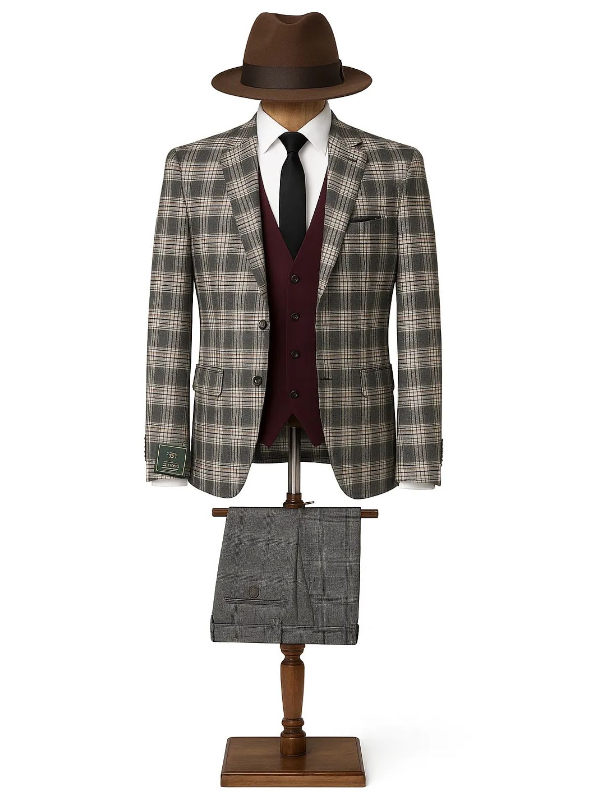 JB Grey White Plaid 3pc Suit Sets