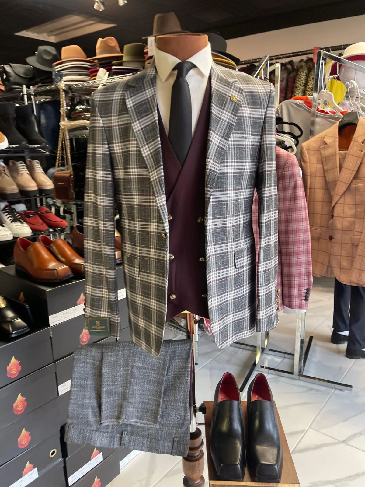 JB Grey White Plaid 3pc Suit Sets
