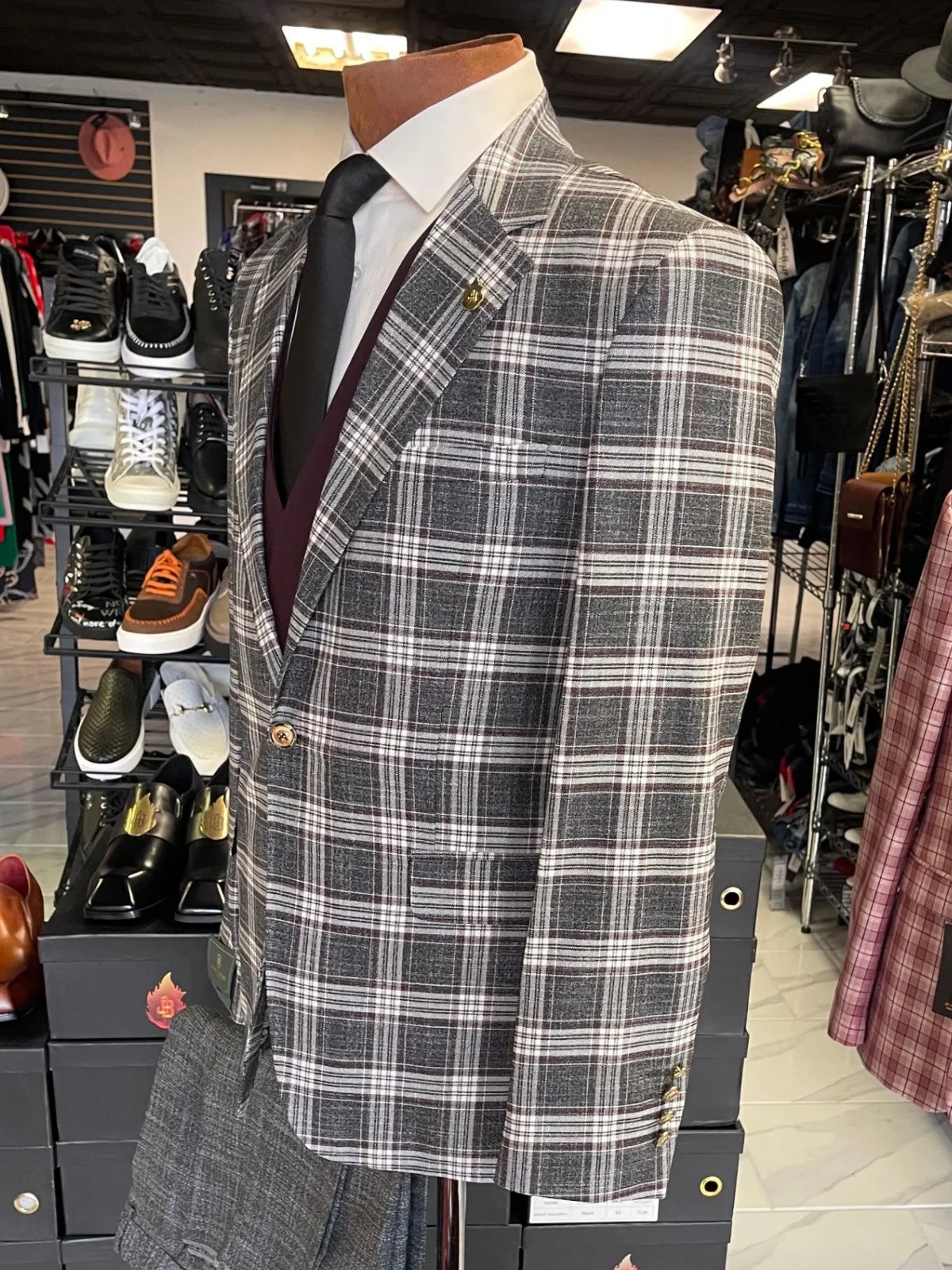 JB Grey White Plaid 3pc Suit Sets