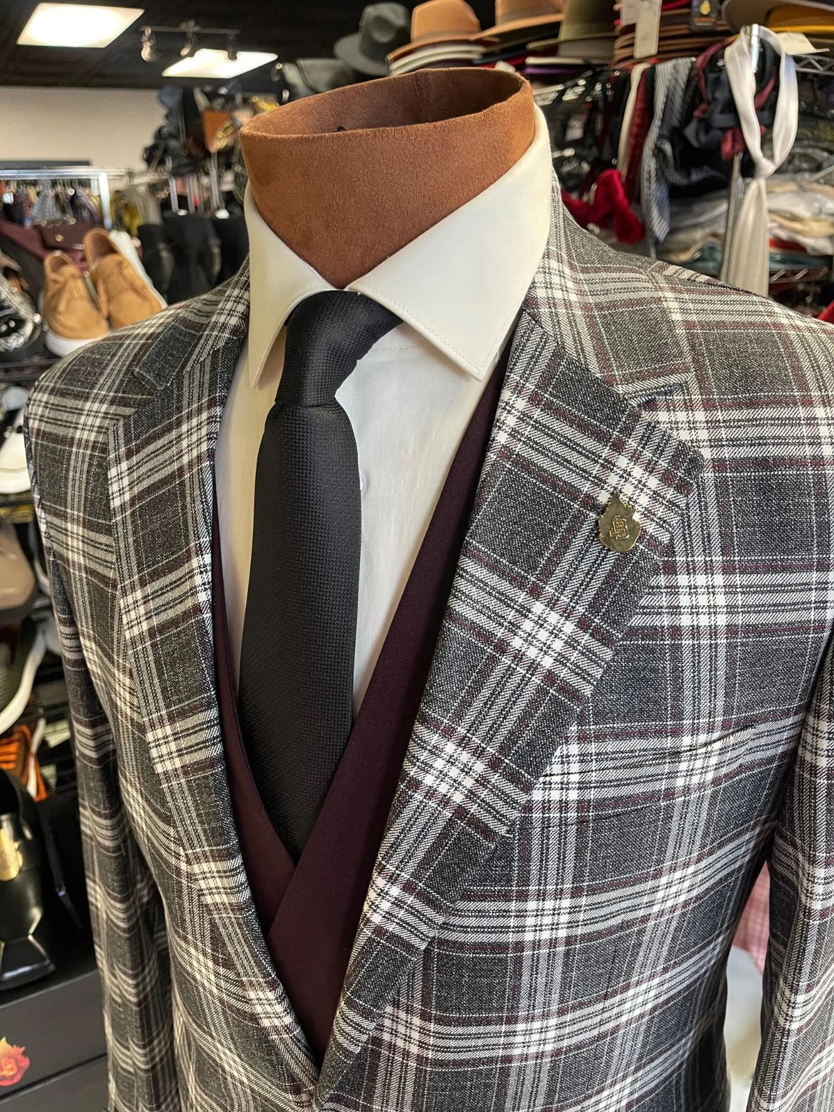 JB Grey White Plaid 3pc Suit Sets