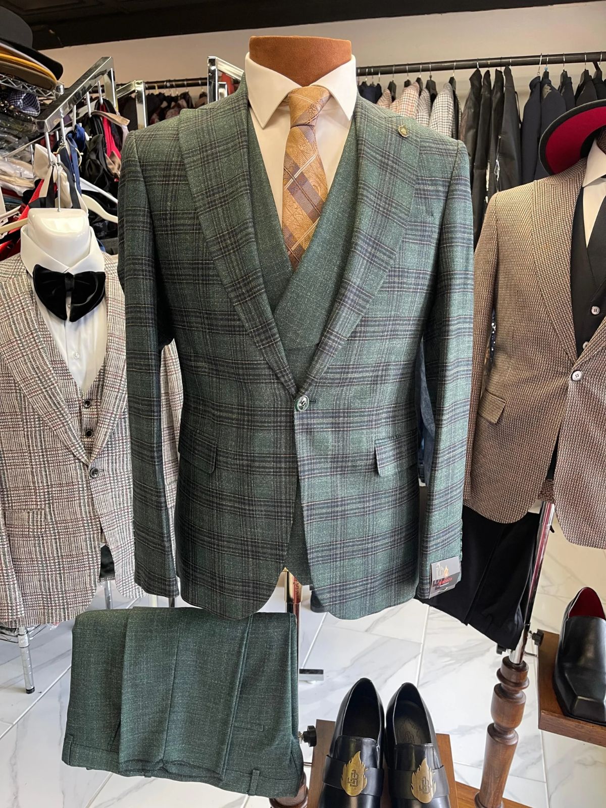 JB Olive Green and Black Plaid 3pc Suit Set