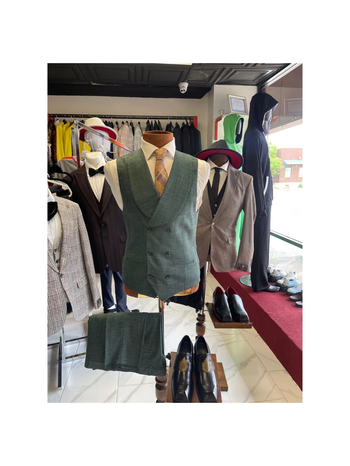 JB Olive Green and Black Plaid 3pc Suit Set