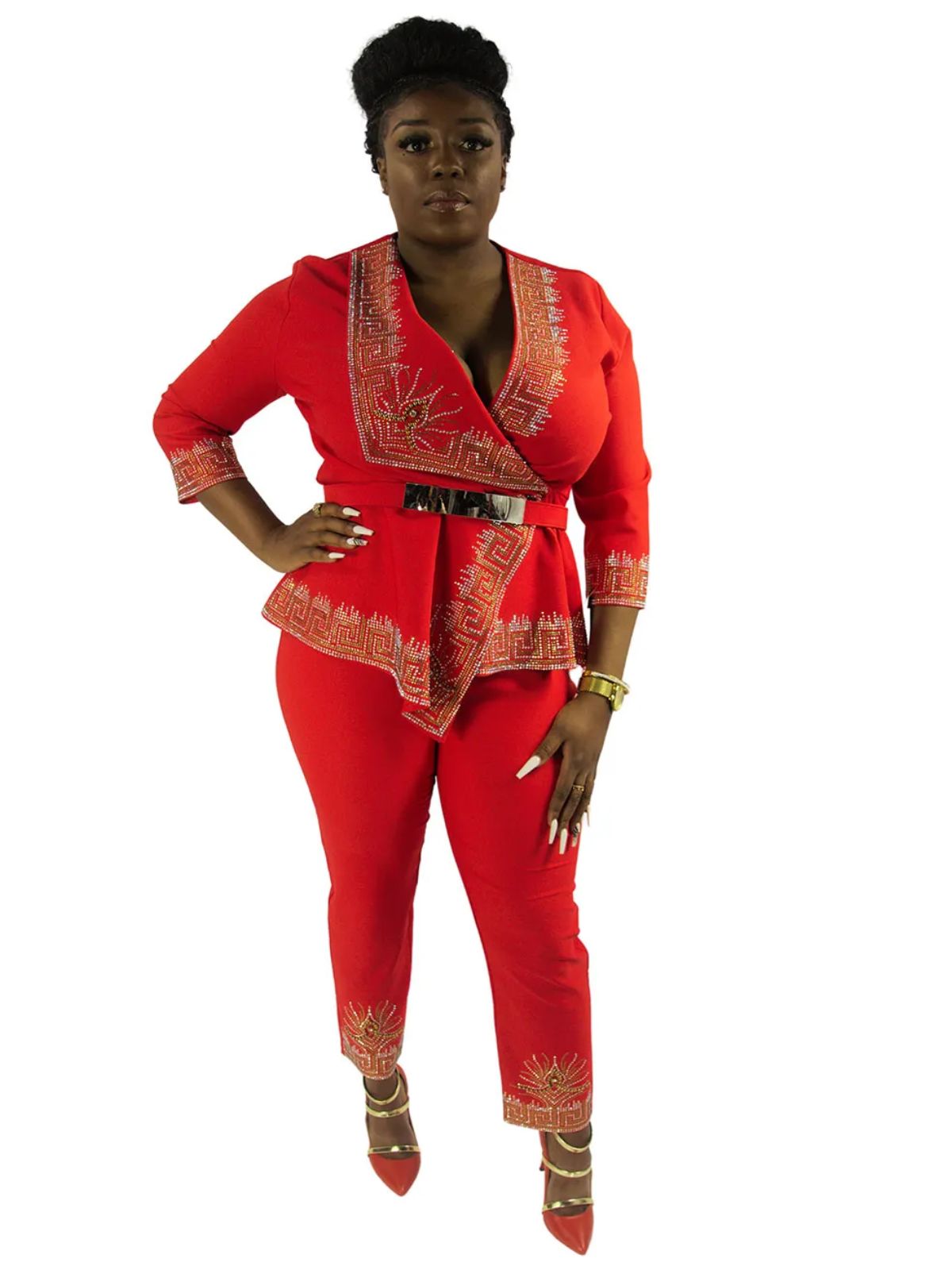 Ladies 2pc Pant and Blouse Party Cocktail Set with Belt