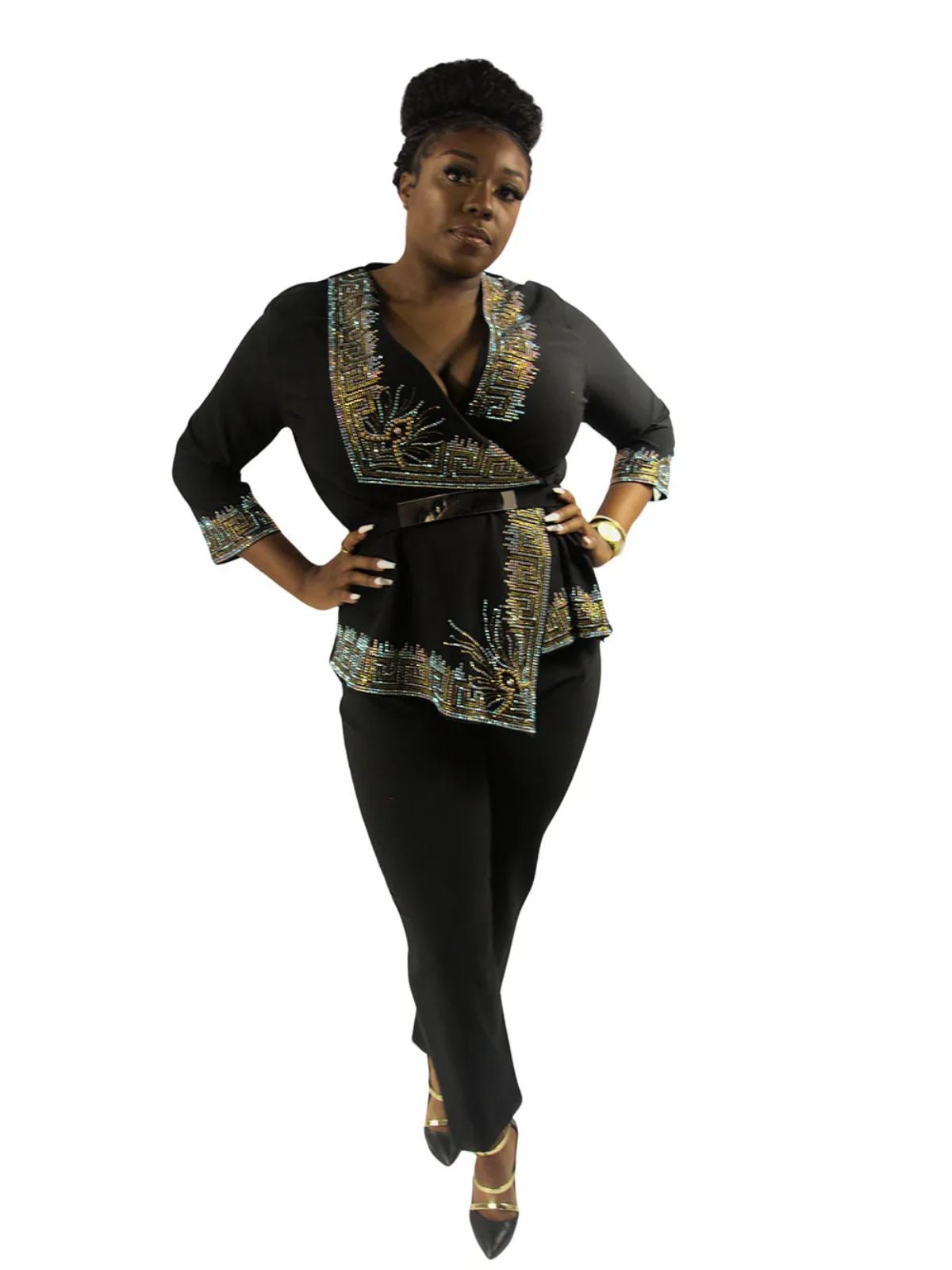 Ladies 2pc Pant and Blouse Party Cocktail Set with Belt