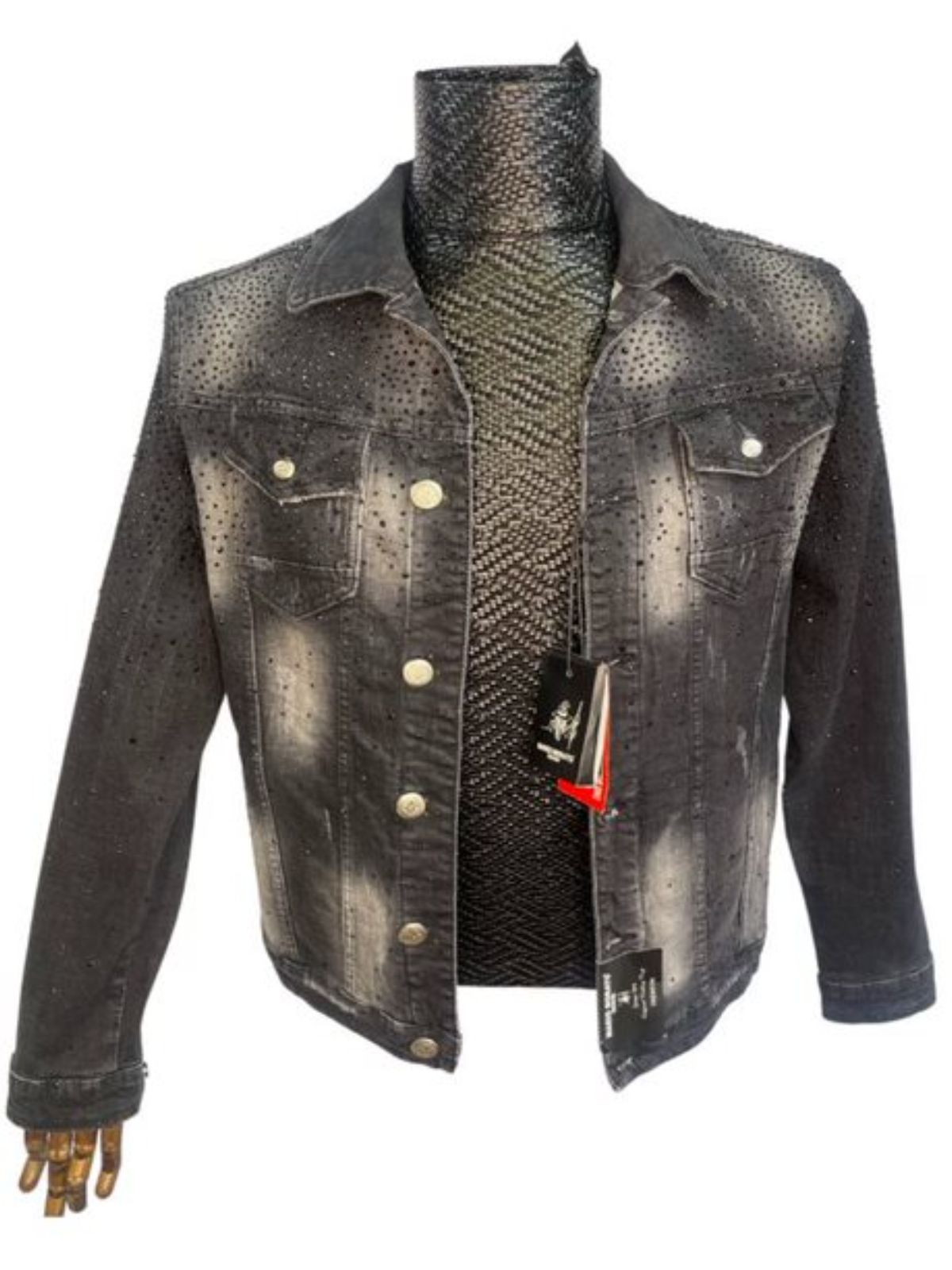Men’s Black Denim Jacket Long-sleeved Button-down Style Accessorized Finish